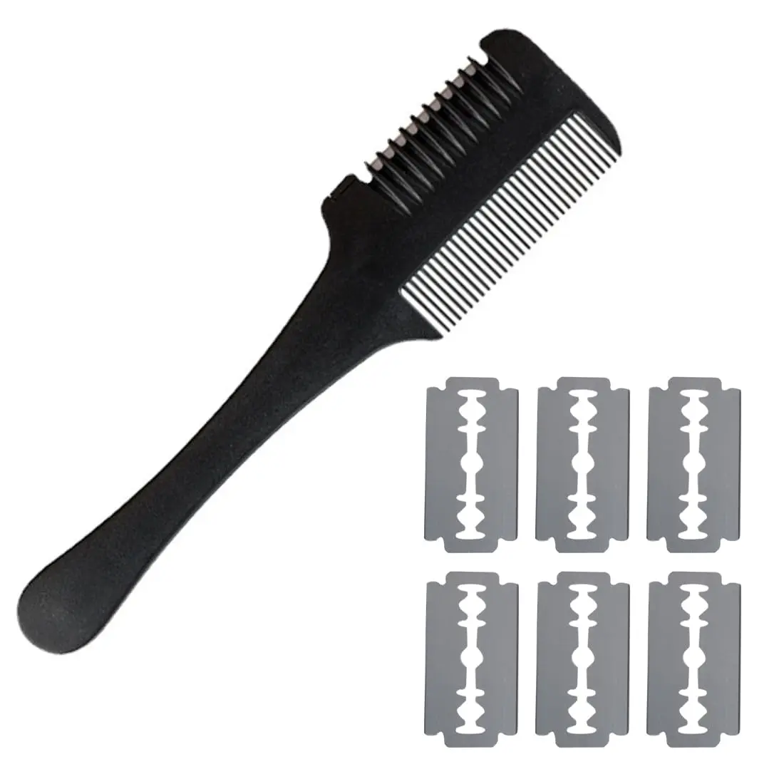 A double-sided hair cutting trimmer with six replacement blades for easy haircuts at home.
