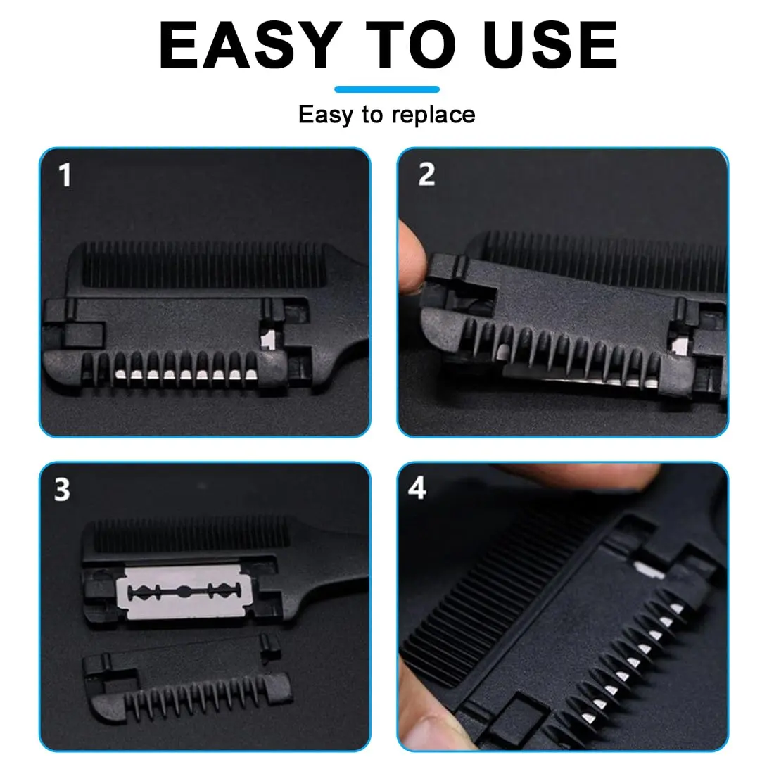 A double-sided hair cutting trimmer with six replacement blades for easy haircuts at home.