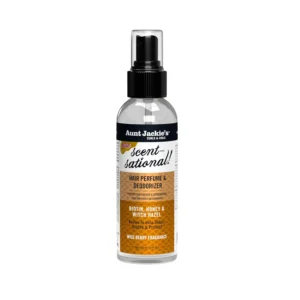 Aunt Jackie's Scent-Sational hair deodorizer spray, formulated with witch hazel, biotin, and honey, refreshes and neutralizes odors in braids, locs, and twists while adding shine.