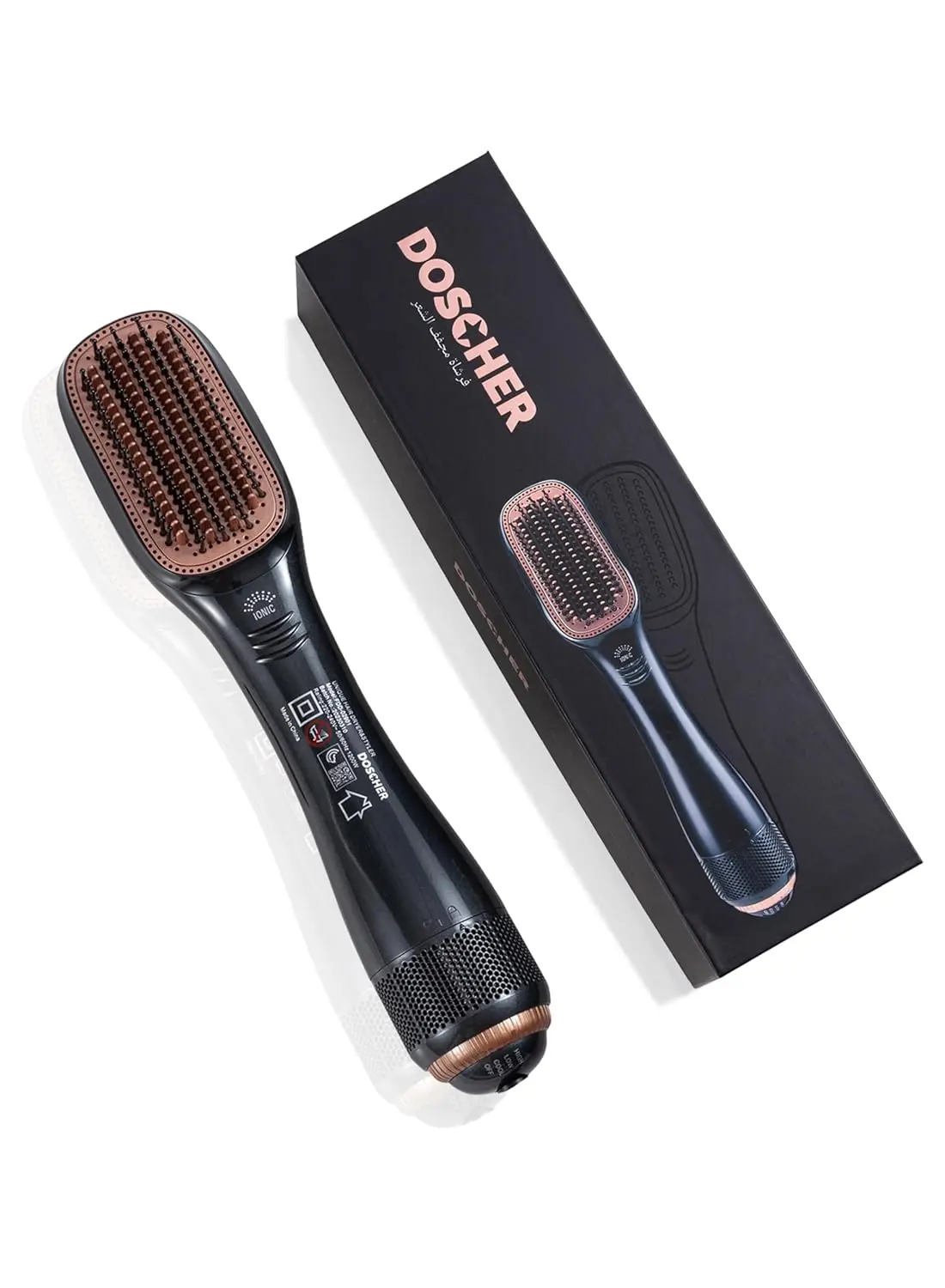 The 2 in 1 hair dryer and straightener brush features ceramic and ionic technology for smooth, shiny, and frizz-free hair, with adjustable heat and speed settings.