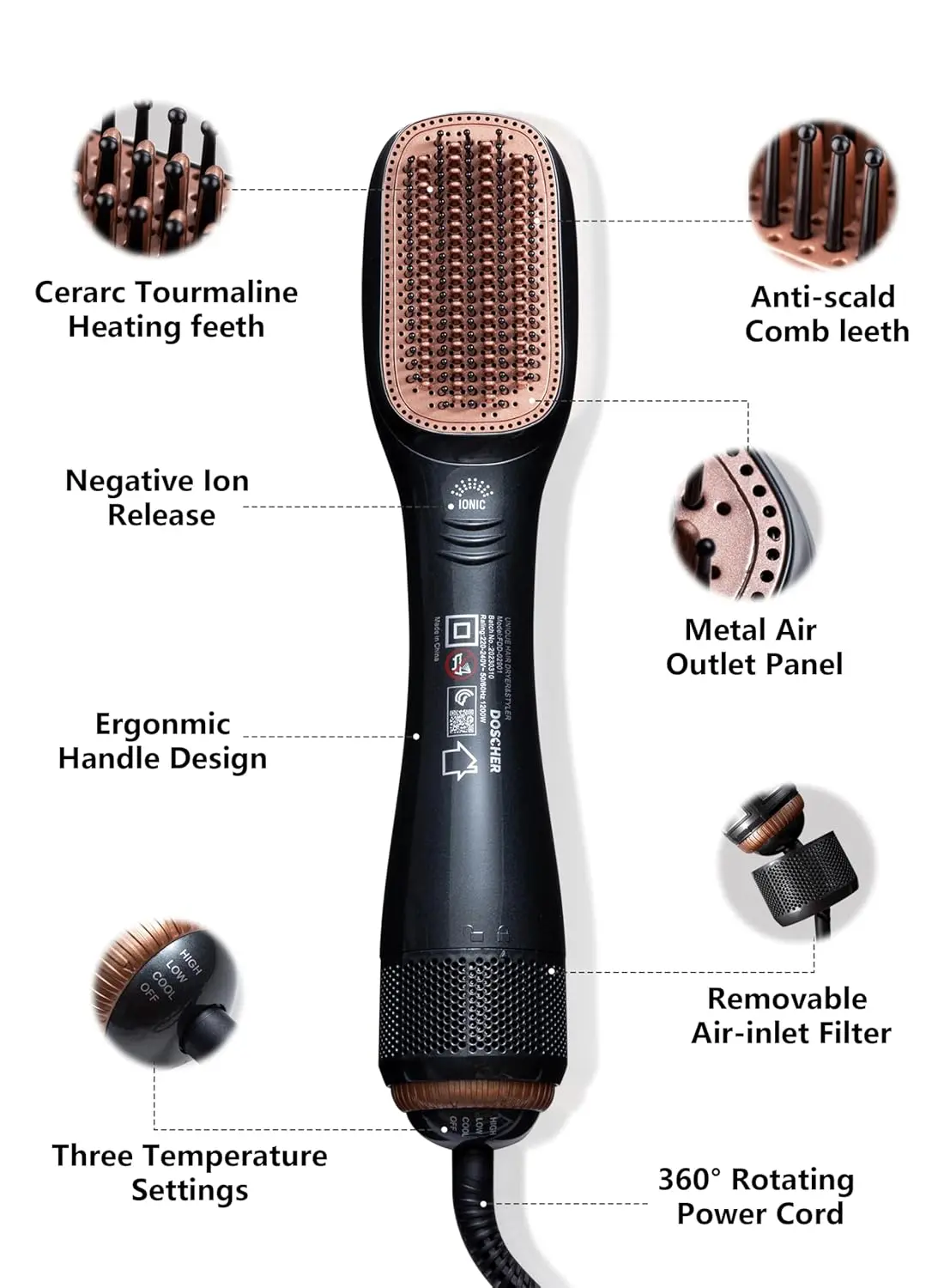 The 2 in 1 hair dryer and straightener brush features ceramic and ionic technology for smooth, shiny, and frizz-free hair, with adjustable heat and speed settings.