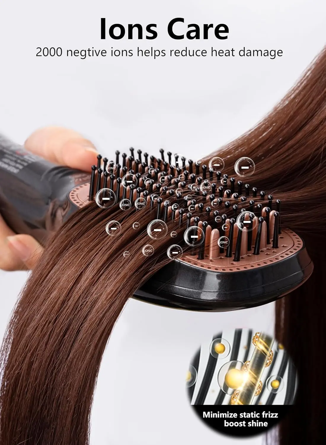 The 2 in 1 hair dryer and straightener brush features ceramic and ionic technology for smooth, shiny, and frizz-free hair, with adjustable heat and speed settings.