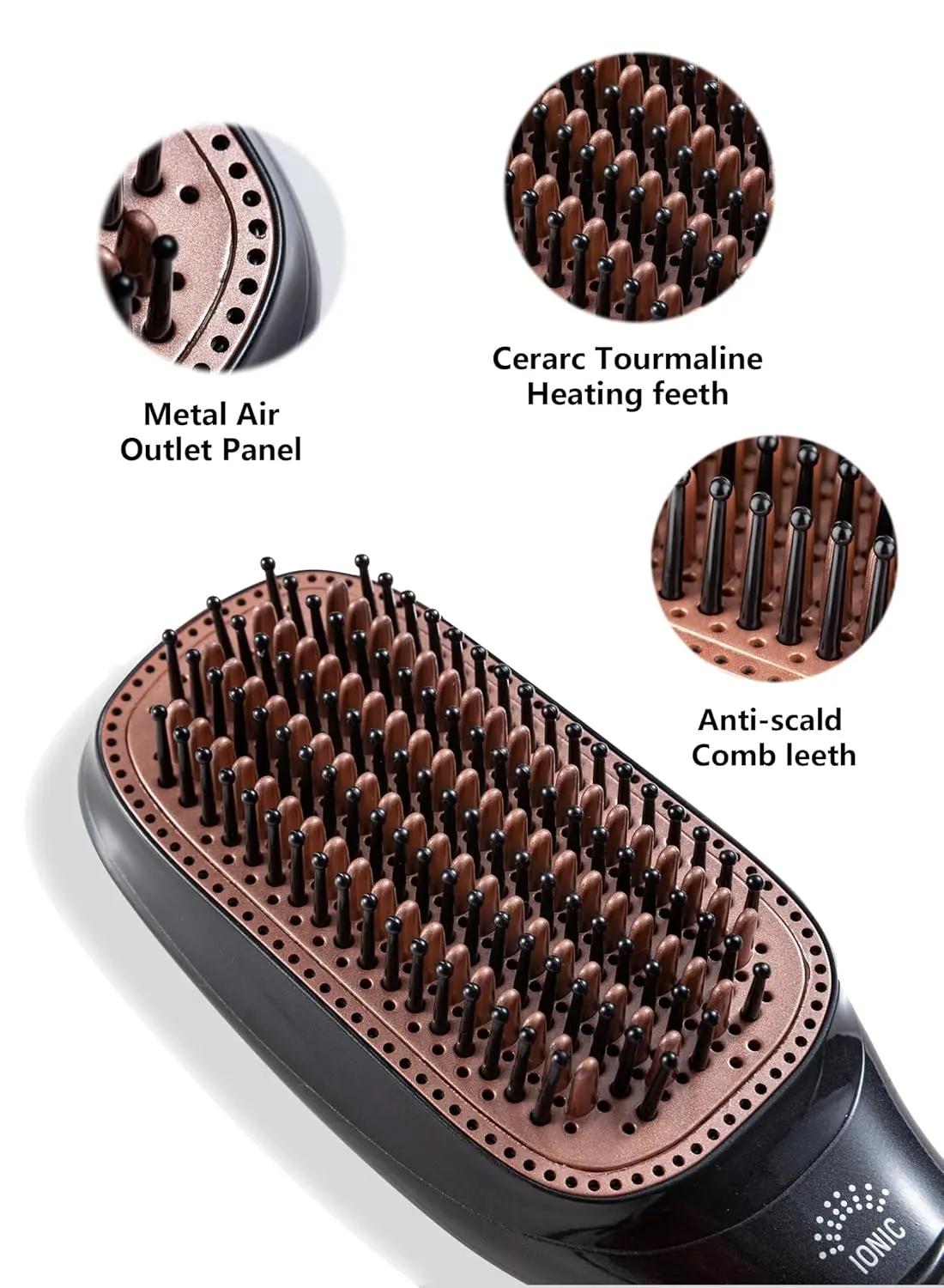 The 2 in 1 hair dryer and straightener brush features ceramic and ionic technology for smooth, shiny, and frizz-free hair, with adjustable heat and speed settings.