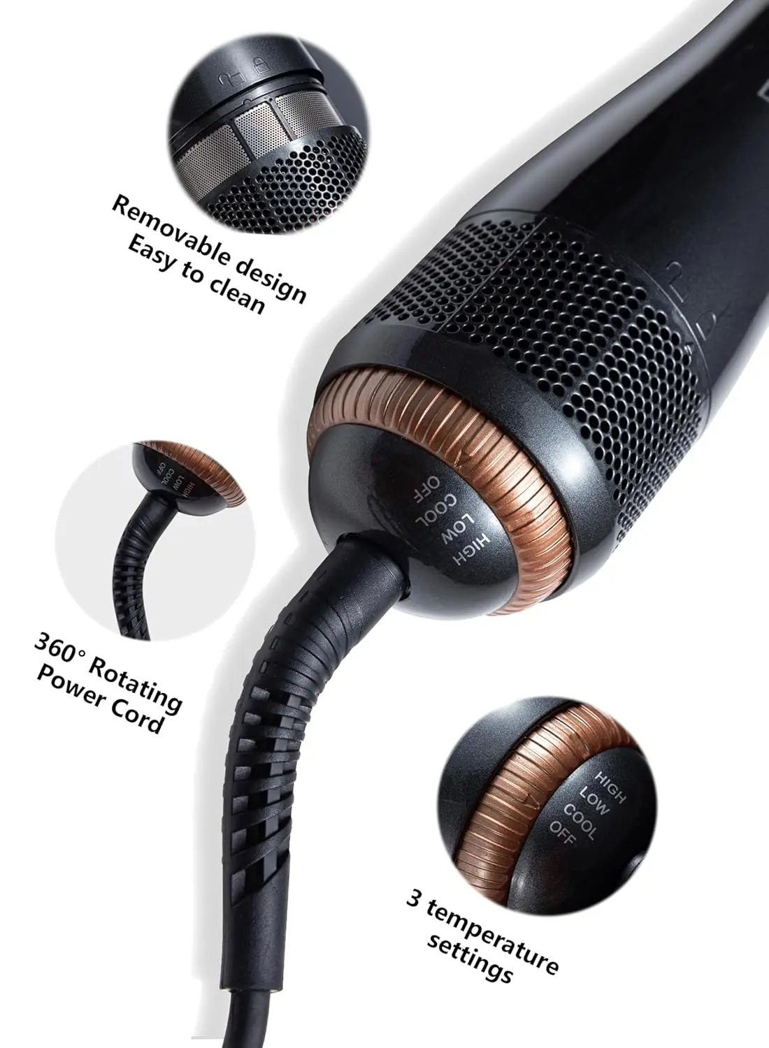 The 2 in 1 hair dryer and straightener brush features ceramic and ionic technology for smooth, shiny, and frizz-free hair, with adjustable heat and speed settings.
