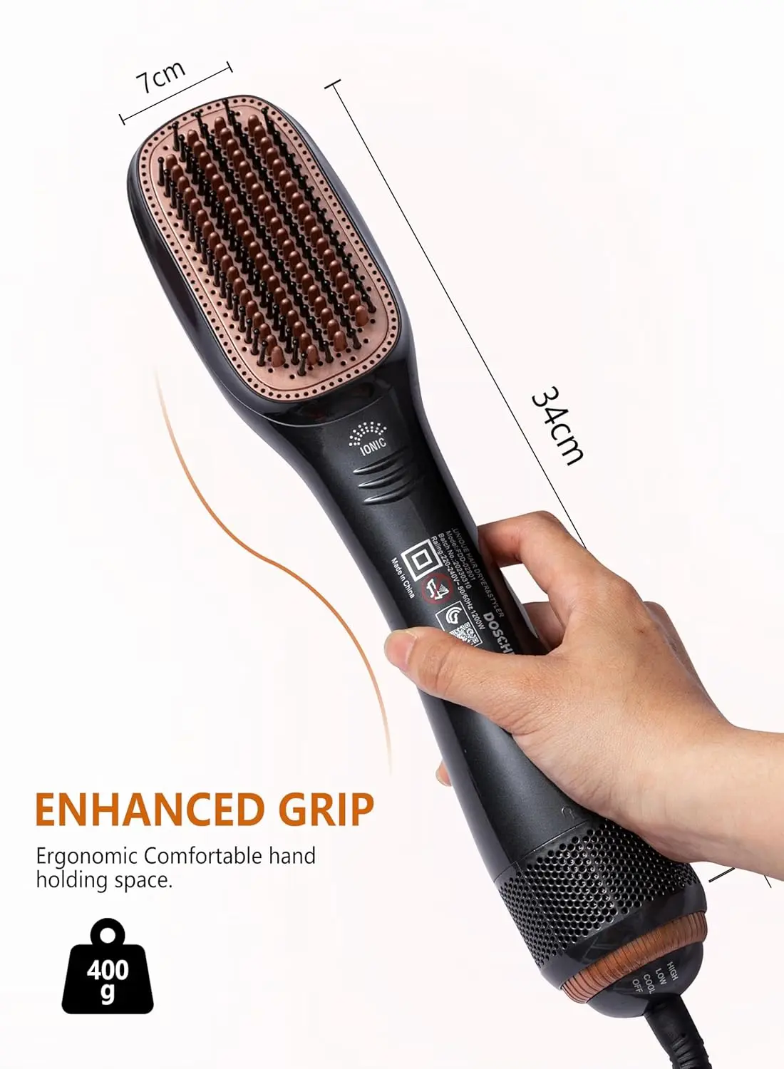 The 2 in 1 hair dryer and straightener brush features ceramic and ionic technology for smooth, shiny, and frizz-free hair, with adjustable heat and speed settings.