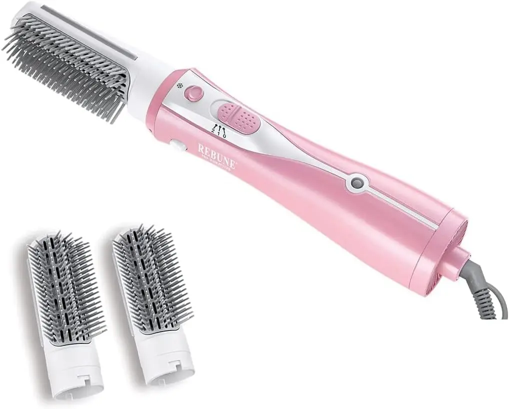 Pink hot air brush styler helps to dry, straighten, and curl hair quickly with ceramic coating and ionic technology for less damage and frizz.