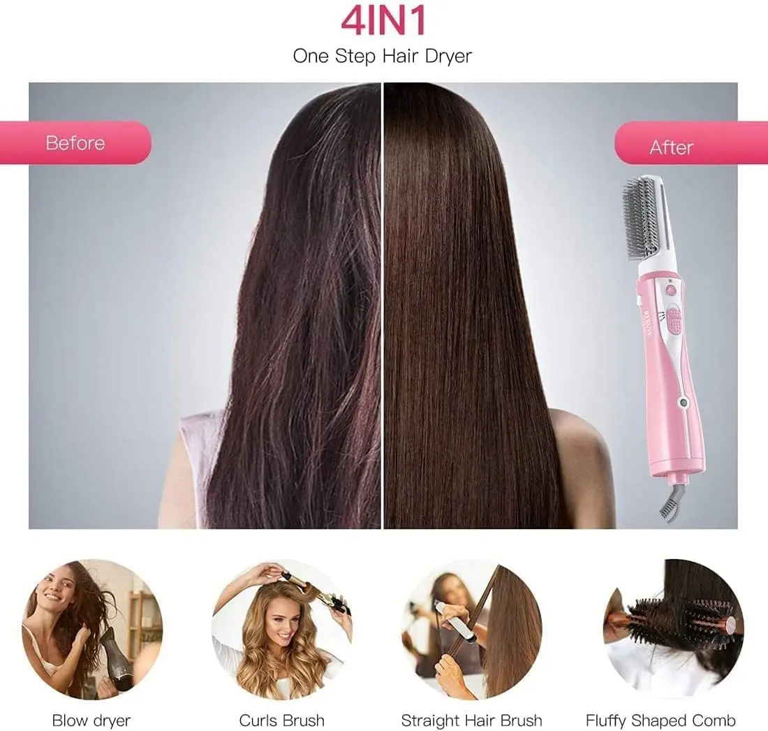 Pink hot air brush styler helps to dry, straighten, and curl hair quickly with ceramic coating and ionic technology for less damage and frizz.