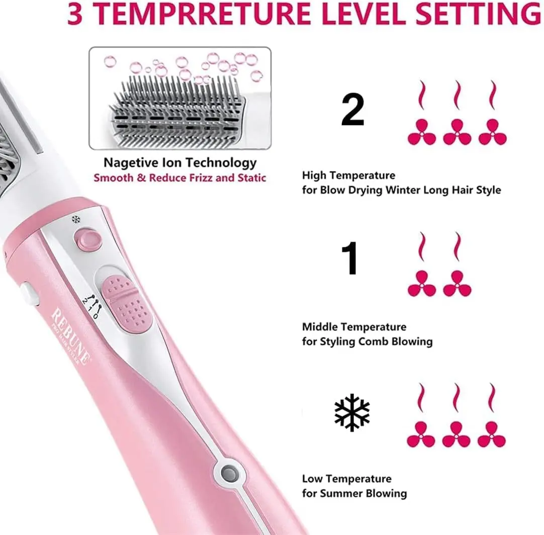 Pink hot air brush styler helps to dry, straighten, and curl hair quickly with ceramic coating and ionic technology for less damage and frizz.