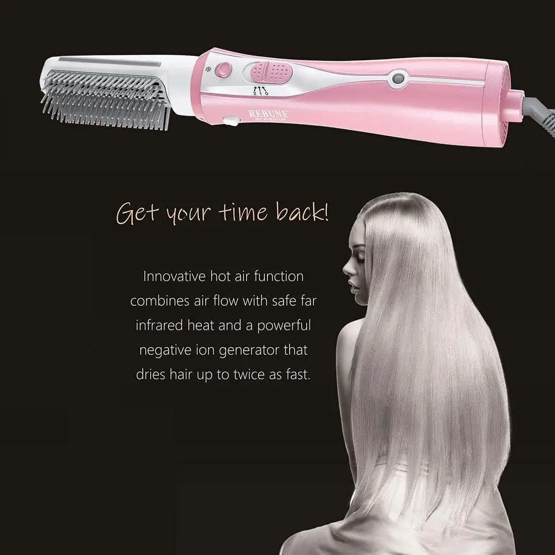 Pink hot air brush styler helps to dry, straighten, and curl hair quickly with ceramic coating and ionic technology for less damage and frizz.