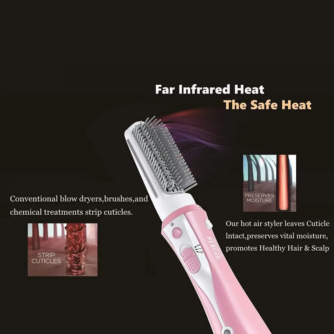 Pink hot air brush styler helps to dry, straighten, and curl hair quickly with ceramic coating and ionic technology for less damage and frizz.