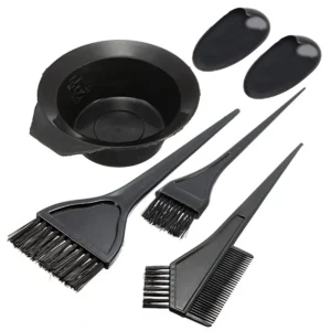 This five-piece hair dye kit includes a bowl, brushes, ear covers, and a dual-head brush for easy and clean hair coloring at home or in the salon.