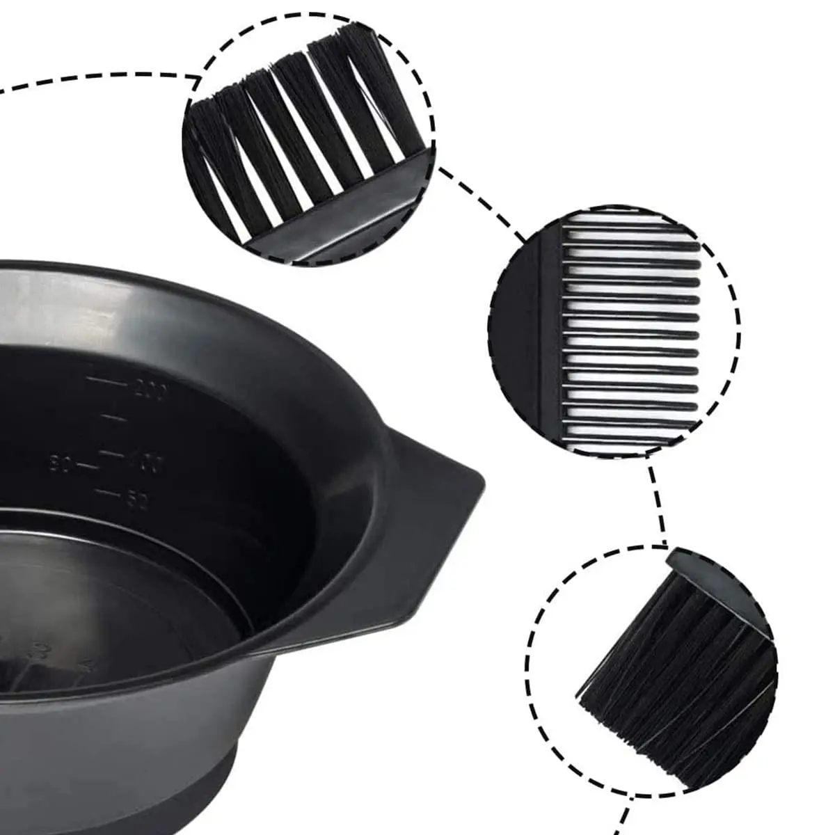 This five-piece hair dye kit includes a bowl, brushes, ear covers, and a dual-head brush for easy and clean hair coloring at home or in the salon.