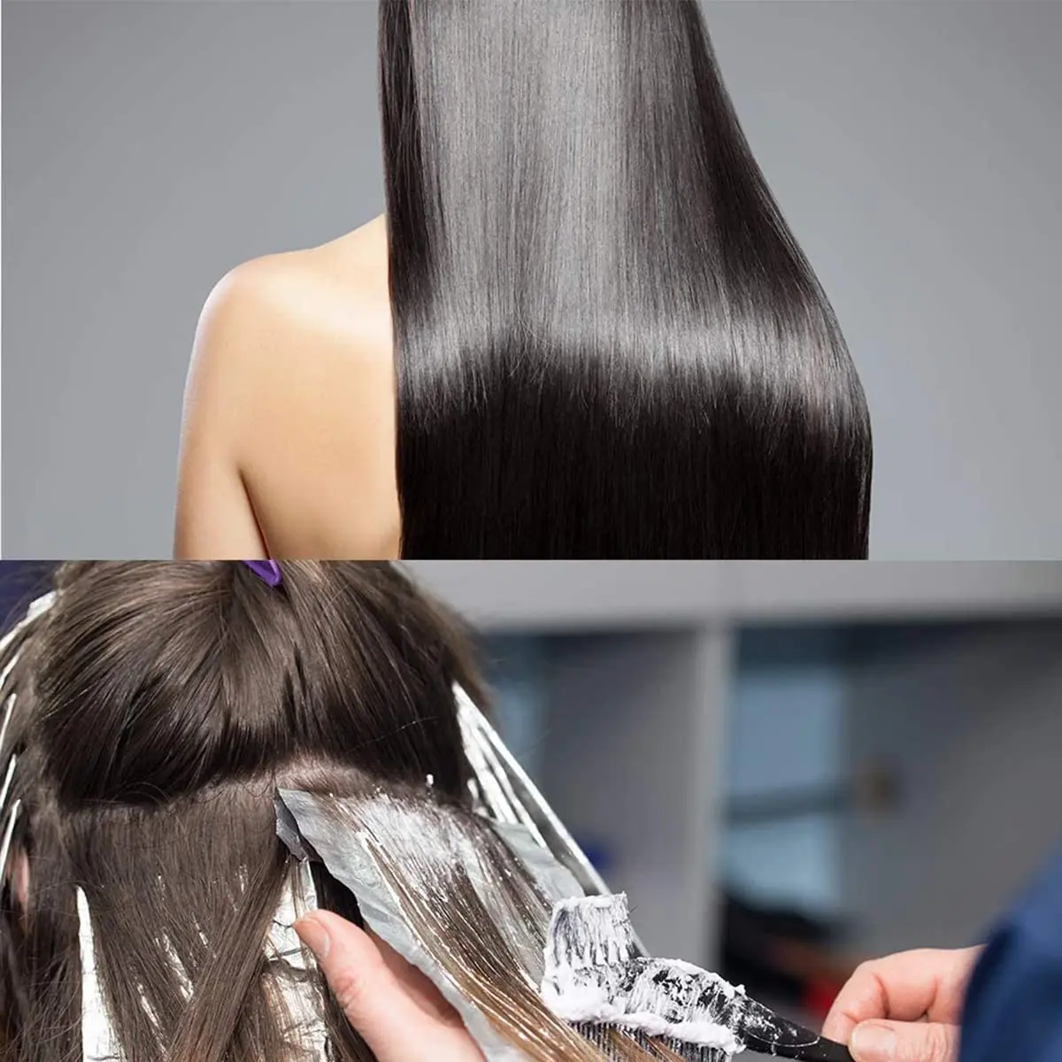 This five-piece hair dye kit includes a bowl, brushes, ear covers, and a dual-head brush for easy and clean hair coloring at home or in the salon.