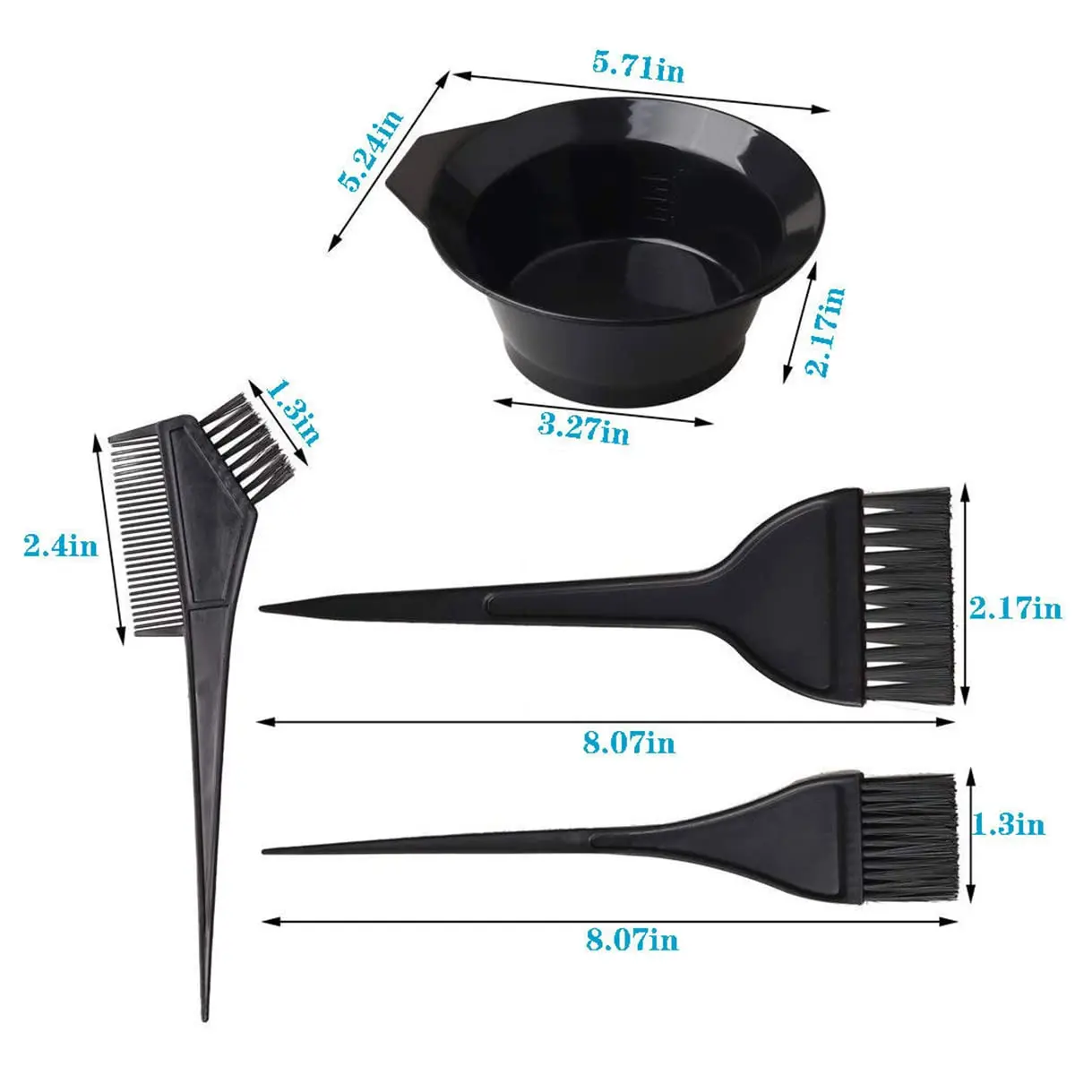 This five-piece hair dye kit includes a bowl, brushes, ear covers, and a dual-head brush for easy and clean hair coloring at home or in the salon.