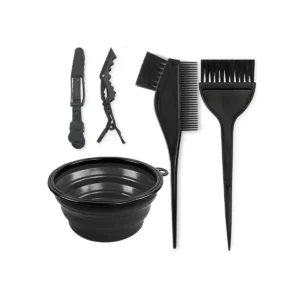 This image shows a professional hair dye kit for salon use with a hair dye brush, hair color bowl, and hair clips.