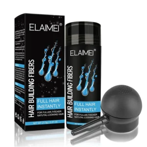 ELAIMEI black hair fibers instantly add volume and thickness, concealing thinning hair and creating a fuller, younger look for both men and women in just 15 seconds.