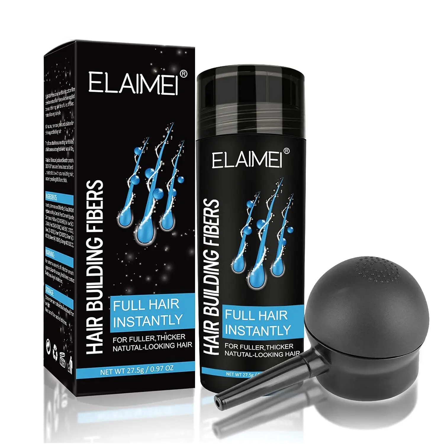 ELAIMEI black hair fibers instantly add volume and thickness, concealing thinning hair and creating a fuller, younger look for both men and women in just 15 seconds.