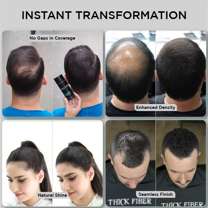 Thick Fiber black hair fibers conceal thinning hair and bald spots, providing a fuller look for both men and women.