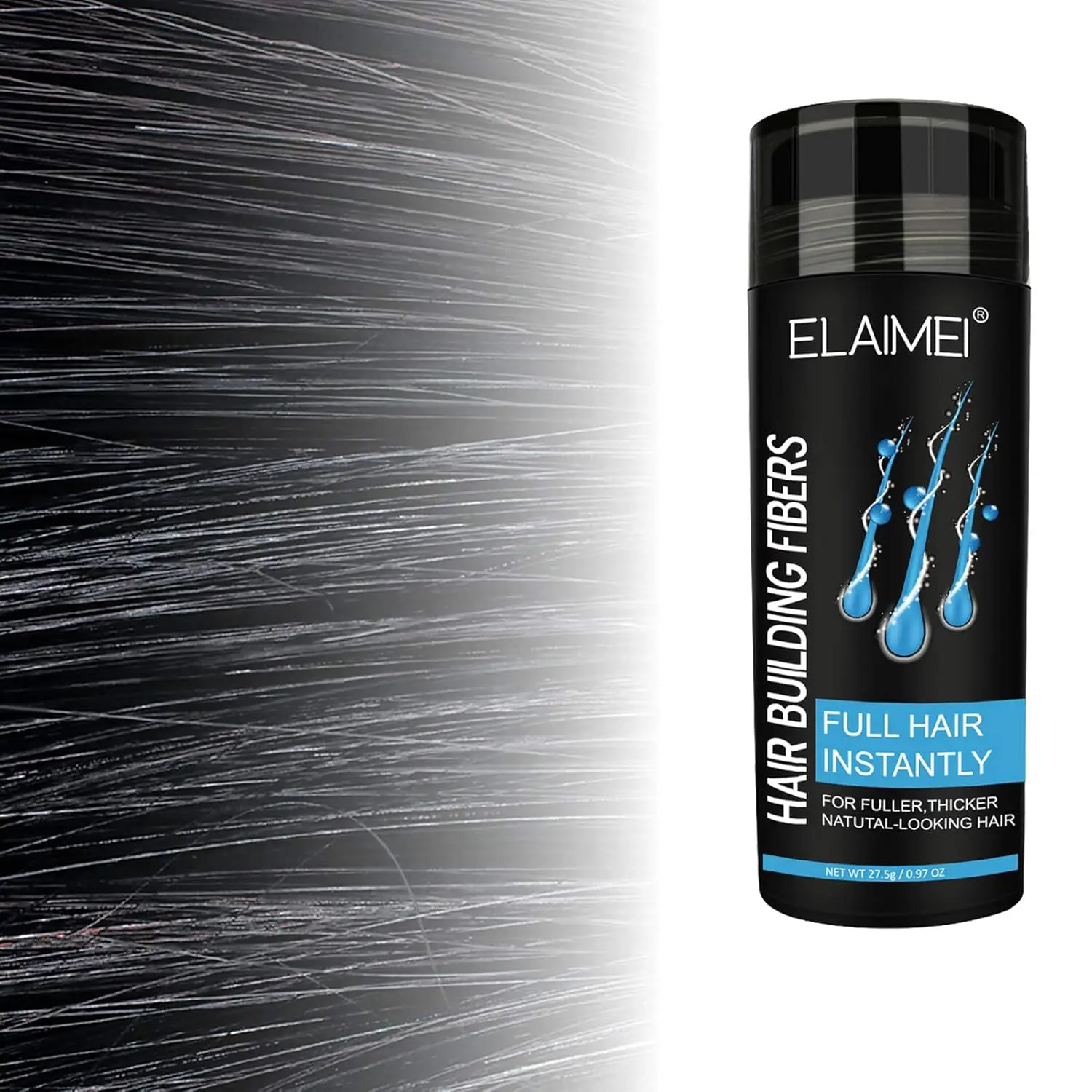 ELAIMEI black hair fibers instantly add volume and thickness, concealing thinning hair and creating a fuller, younger look for both men and women in just 15 seconds.