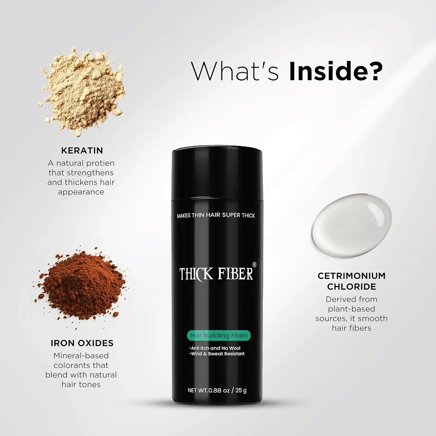 Thick Fiber black hair fibers conceal thinning hair and bald spots, providing a fuller look for both men and women.