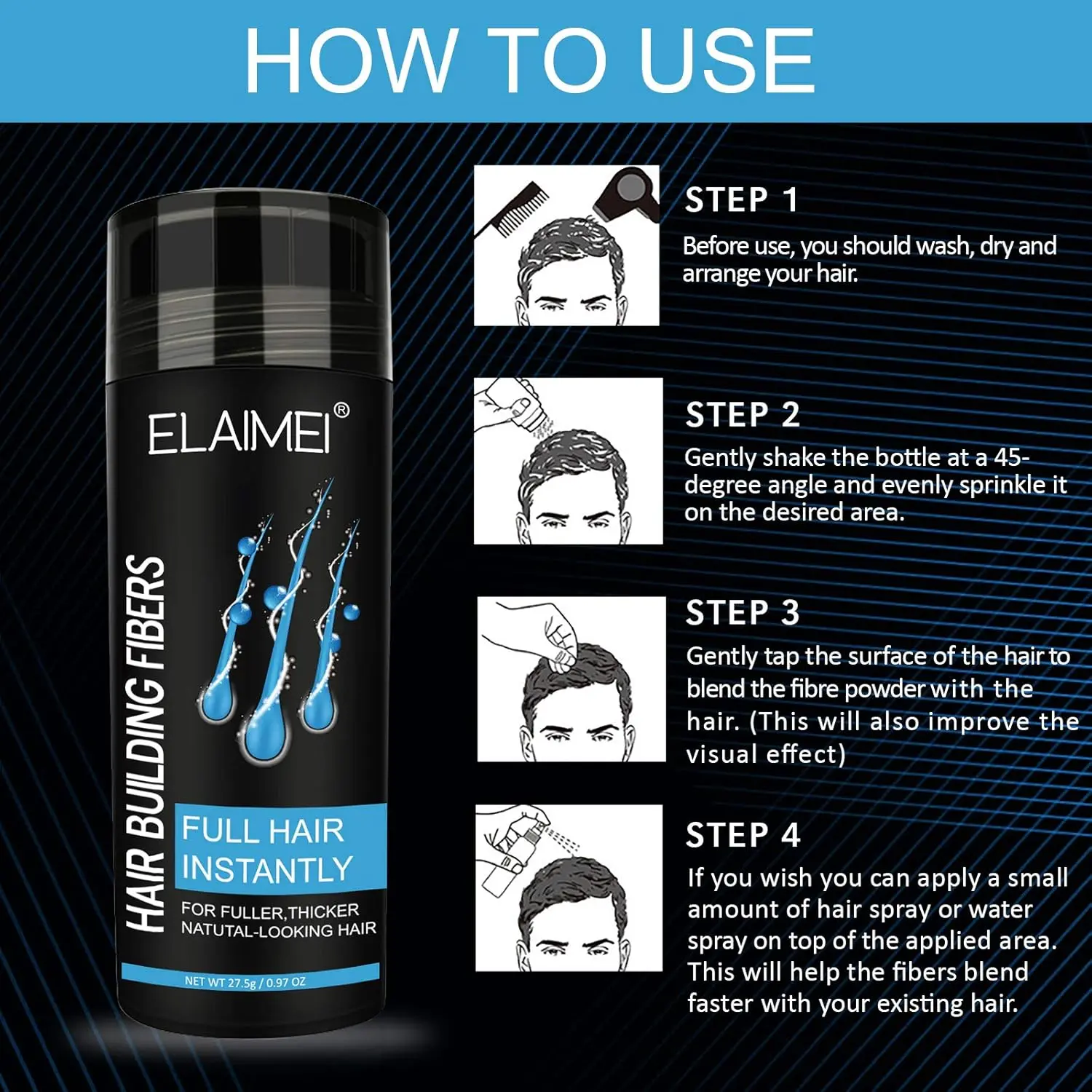 ELAIMEI black hair fibers instantly add volume and thickness, concealing thinning hair and creating a fuller, younger look for both men and women in just 15 seconds.
