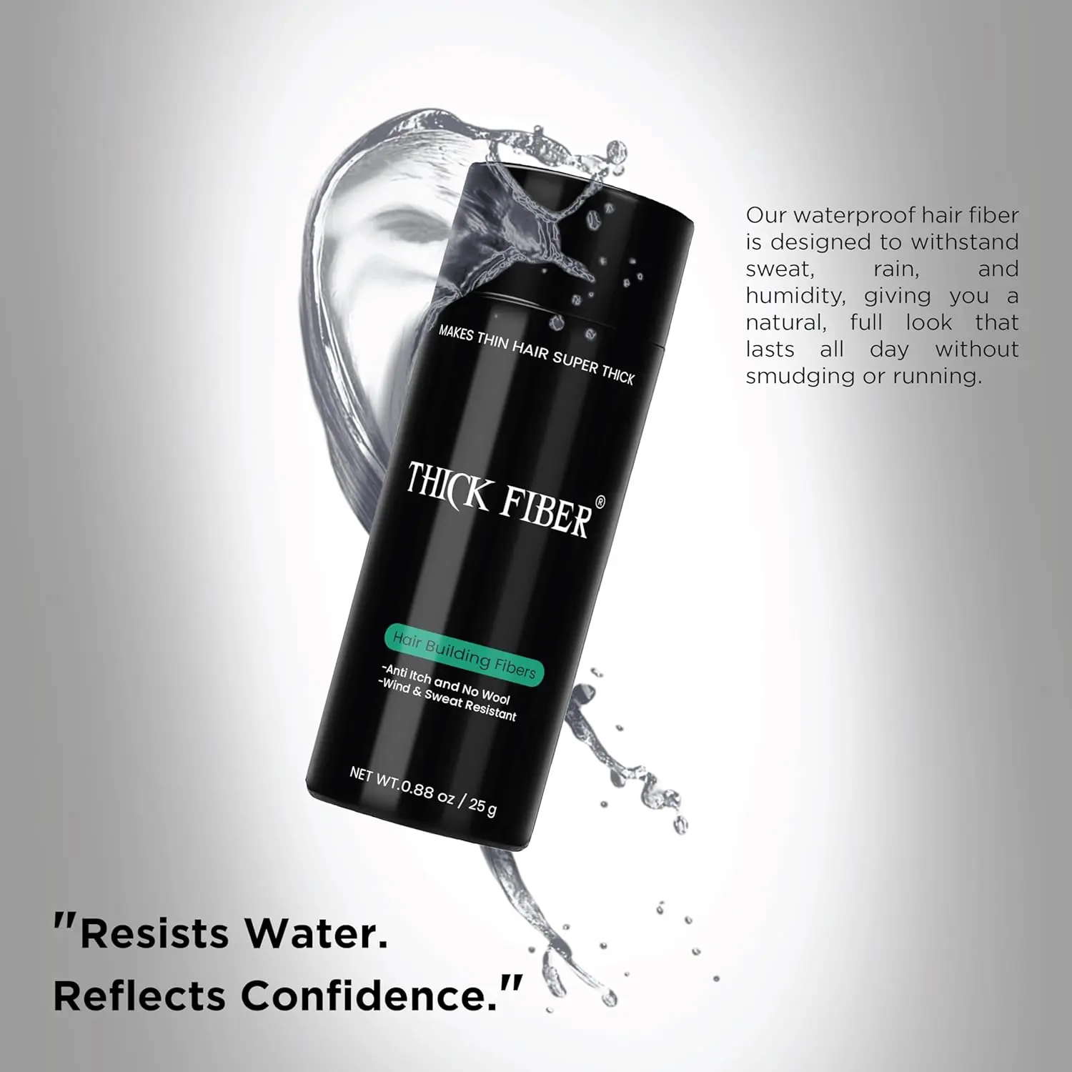 Thick Fiber black hair fibers conceal thinning hair and bald spots, providing a fuller look for both men and women.