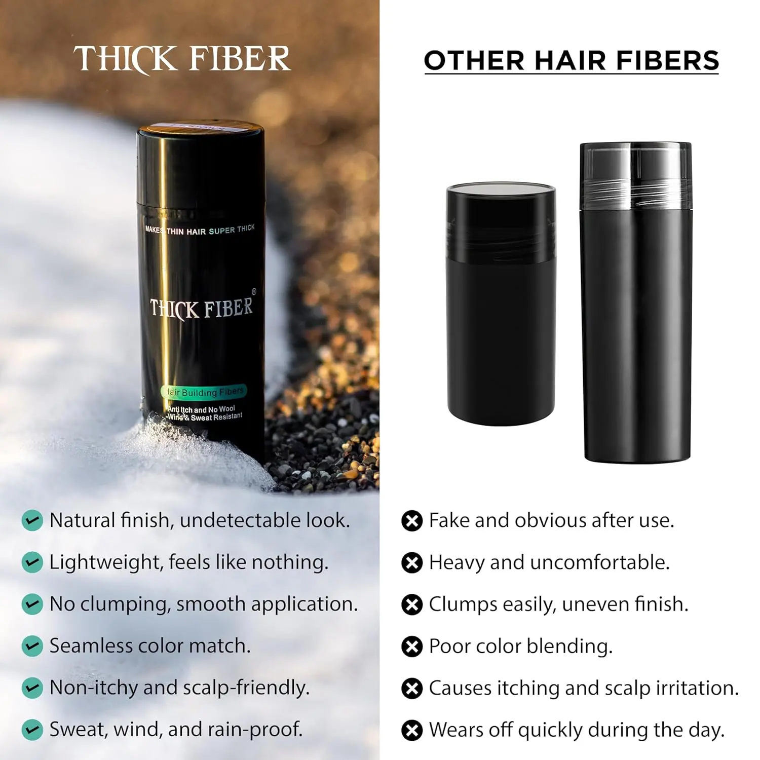 Thick Fiber black hair fibers conceal thinning hair and bald spots, providing a fuller look for both men and women.