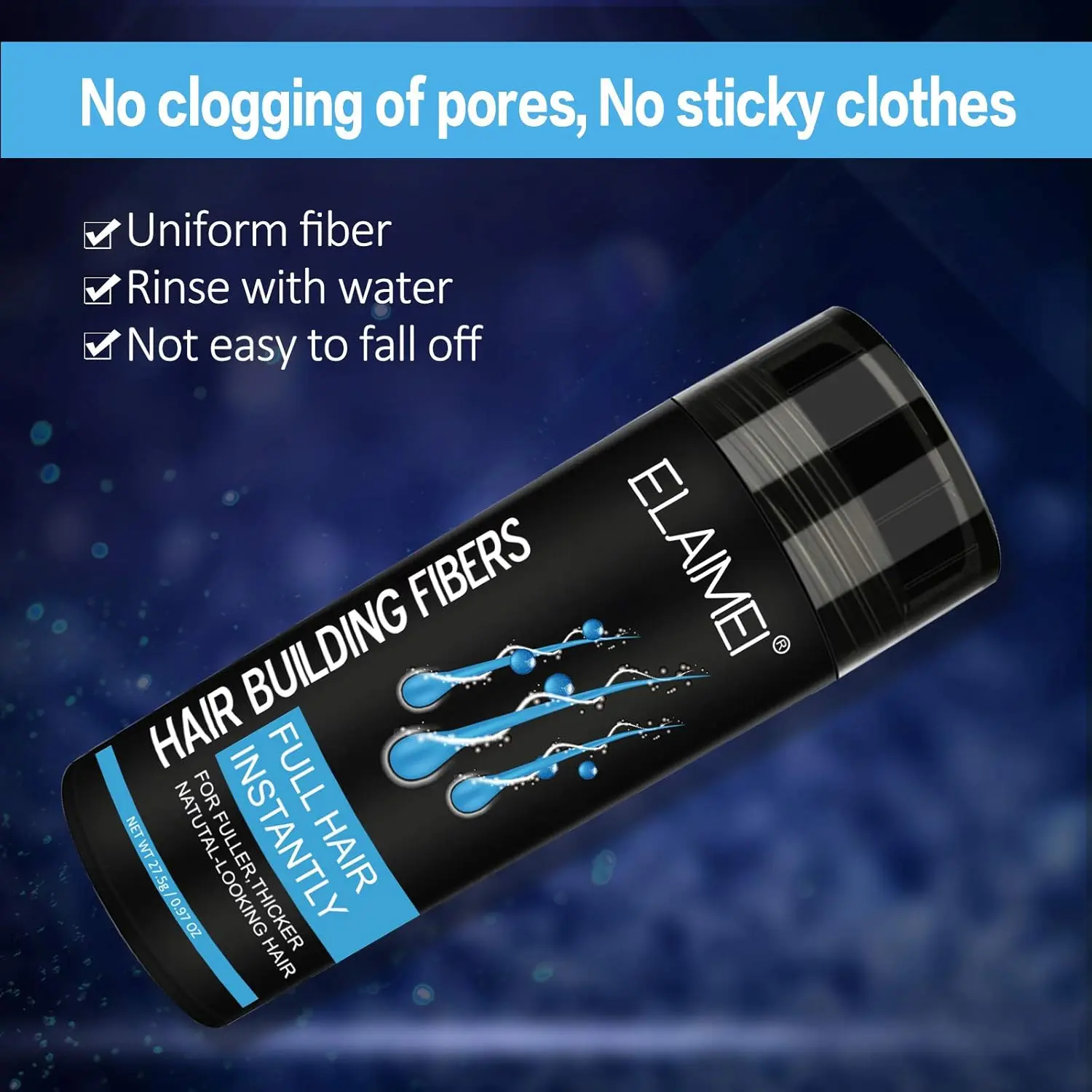 ELAIMEI black hair fibers instantly add volume and thickness, concealing thinning hair and creating a fuller, younger look for both men and women in just 15 seconds.