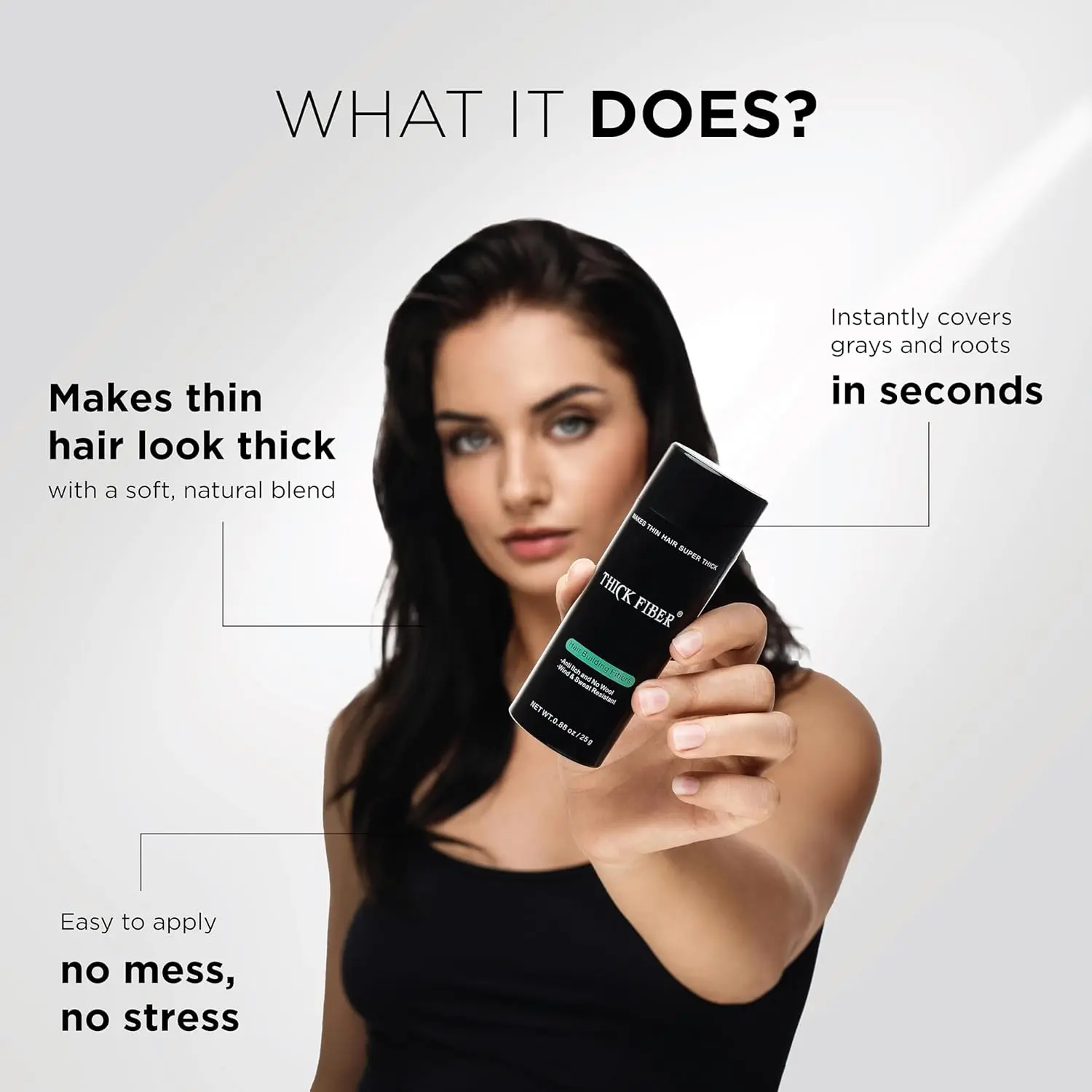 Thick Fiber black hair fibers conceal thinning hair and bald spots, providing a fuller look for both men and women.