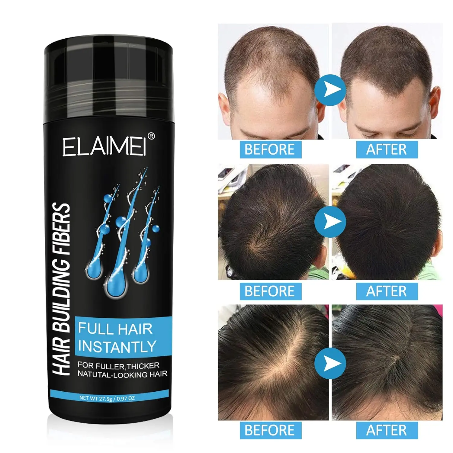 ELAIMEI black hair fibers instantly add volume and thickness, concealing thinning hair and creating a fuller, younger look for both men and women in just 15 seconds.