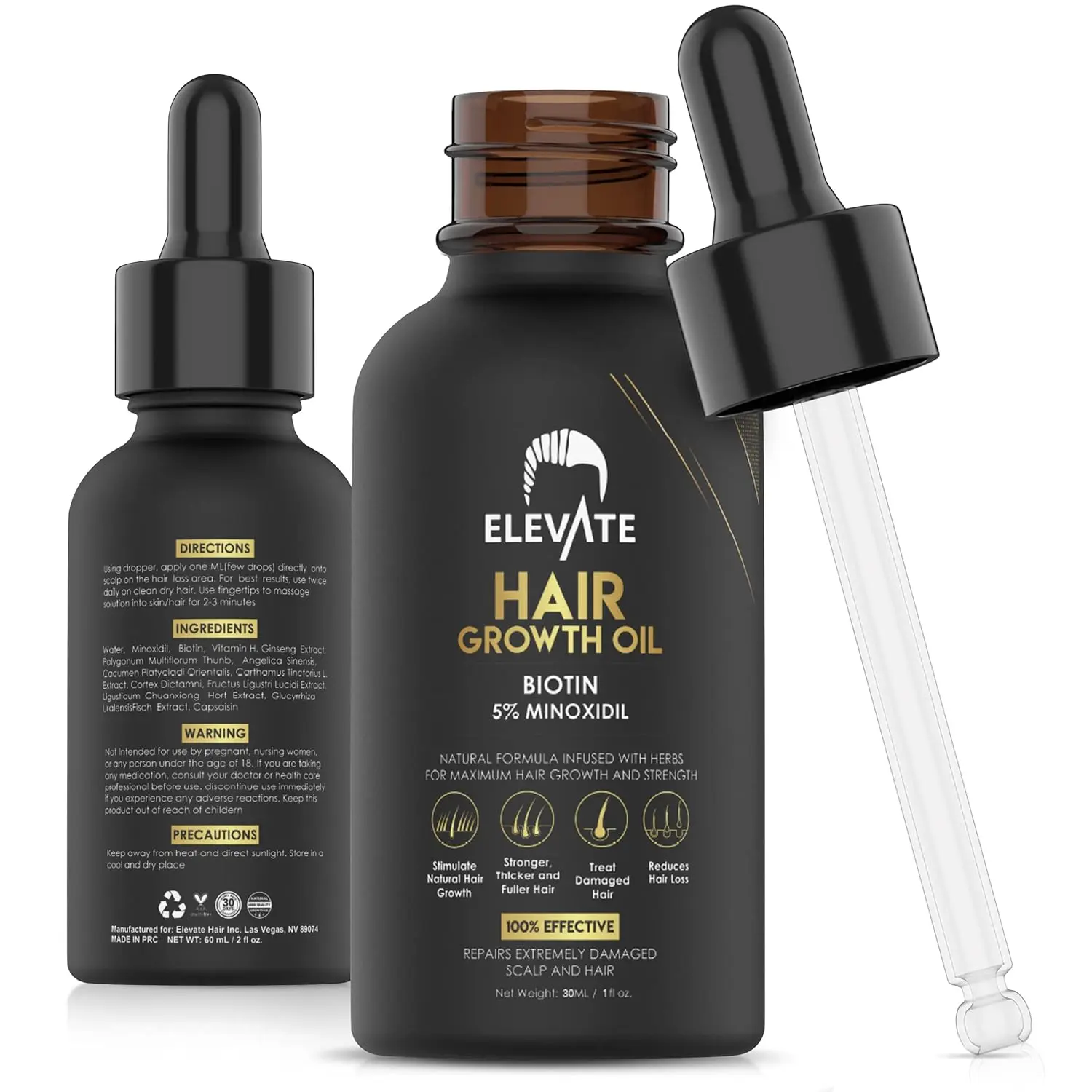 ELEVATE hair growth oil with biotin and 5% minoxidil promotes stronger, thicker, and longer hair for men and women by revitalizing the scalp and preventing hair loss.