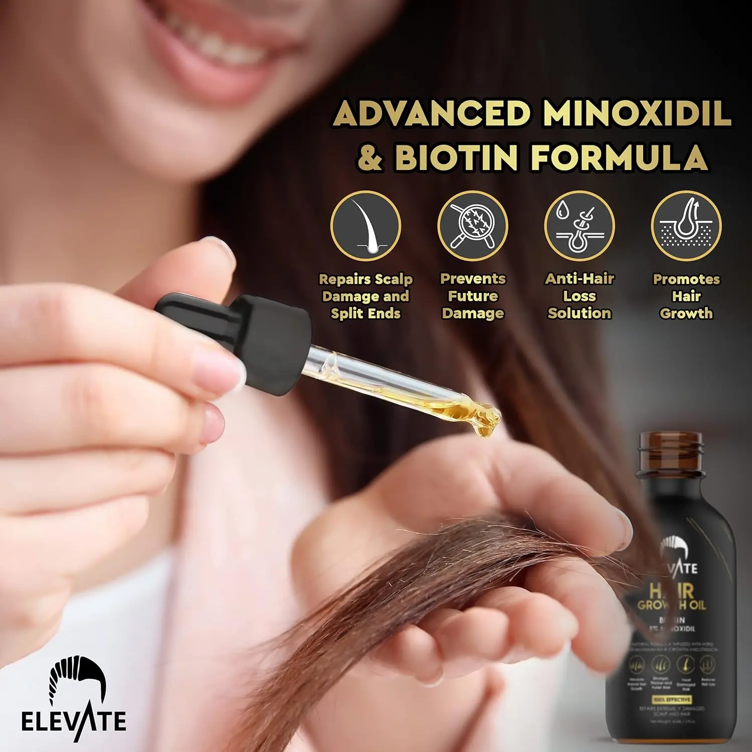 ELEVATE hair growth oil with biotin and 5% minoxidil promotes stronger, thicker, and longer hair for men and women by revitalizing the scalp and preventing hair loss.