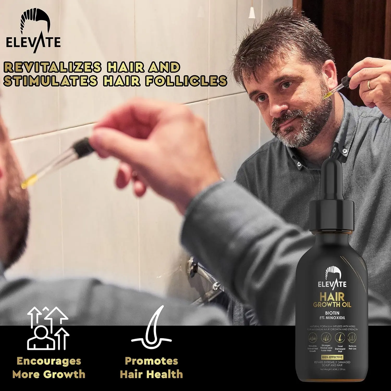ELEVATE hair growth oil with biotin and 5% minoxidil promotes stronger, thicker, and longer hair for men and women by revitalizing the scalp and preventing hair loss.