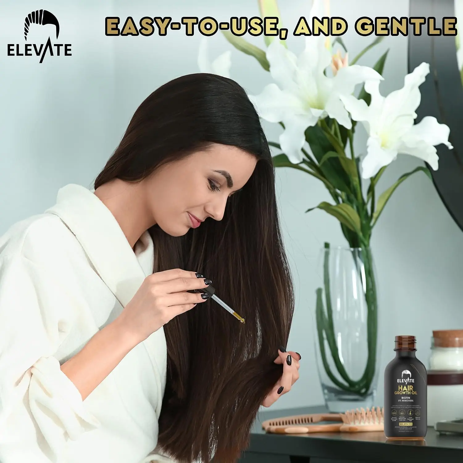 ELEVATE hair growth oil with biotin and 5% minoxidil promotes stronger, thicker, and longer hair for men and women by revitalizing the scalp and preventing hair loss.