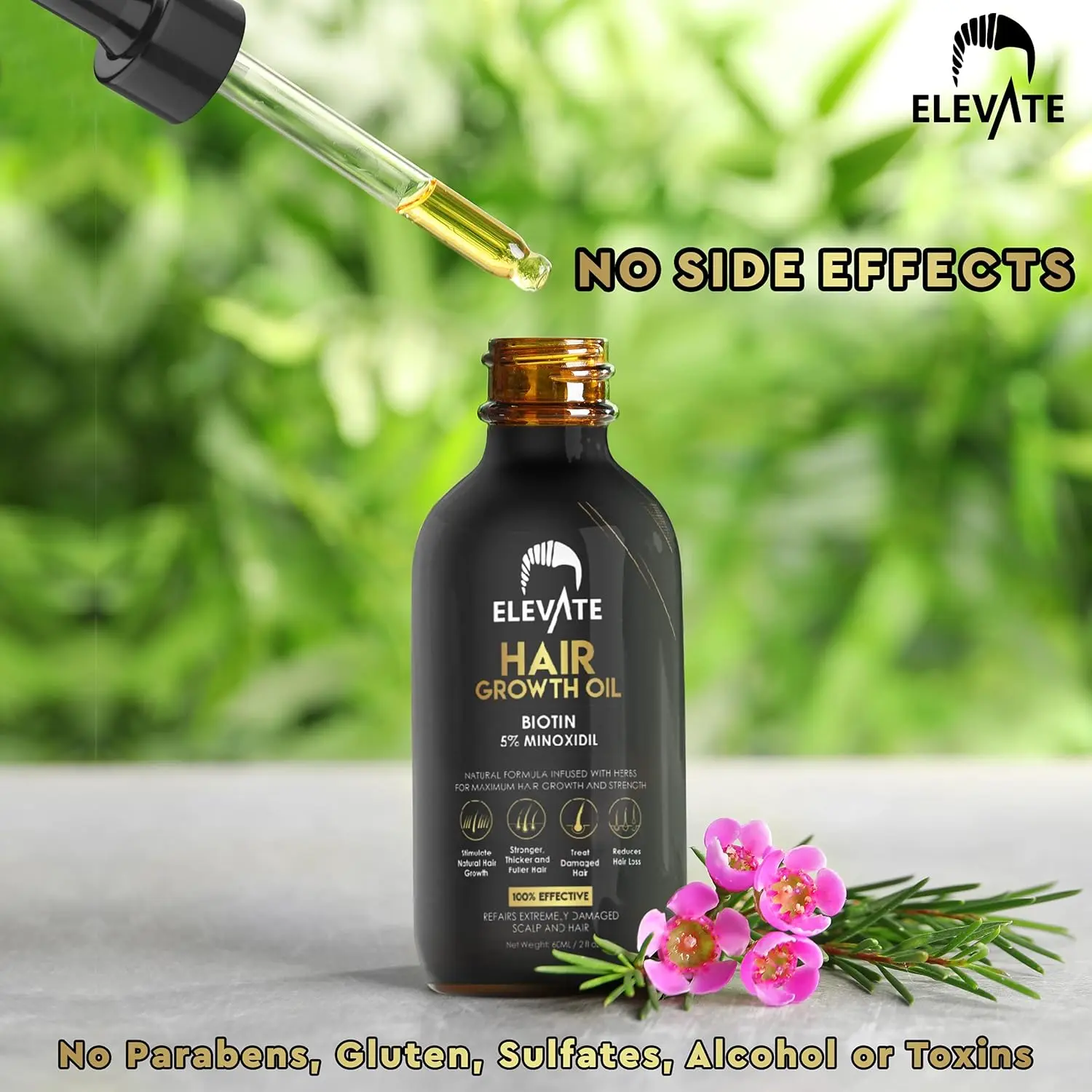 ELEVATE hair growth oil with biotin and 5% minoxidil promotes stronger, thicker, and longer hair for men and women by revitalizing the scalp and preventing hair loss.