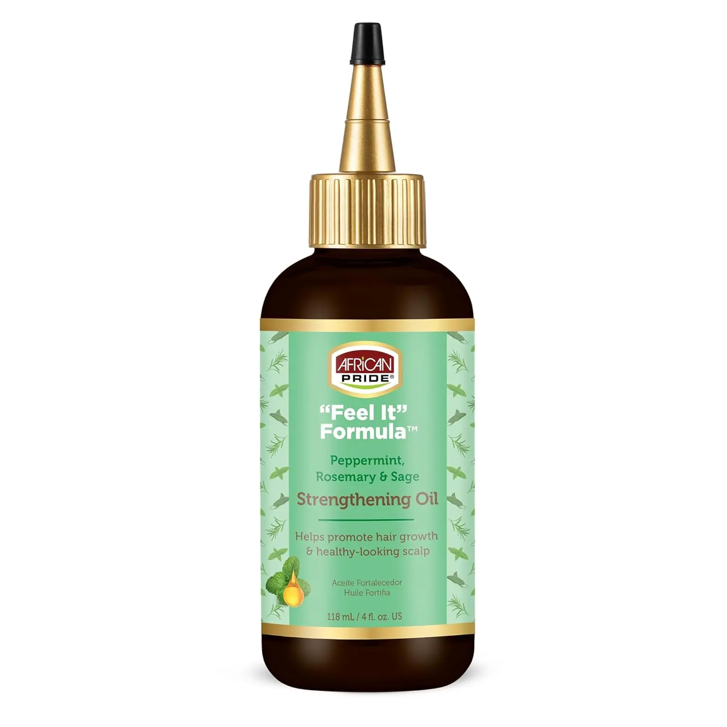 African Pride Feel-It Formula hair oil infused with rosemary, peppermint, and sage to promote healthy hair growth and a nourished, invigorated scalp for all hair types.