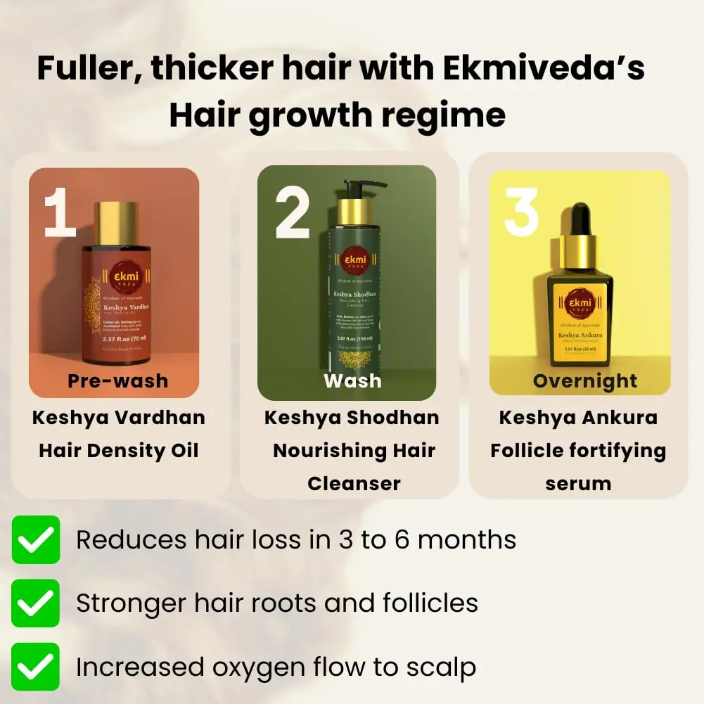 Ayurvedic hair growth oil infused with rosemary, castor, and bhringraj in a bottle, designed to promote hair density and prevent hair loss for both women and men.
