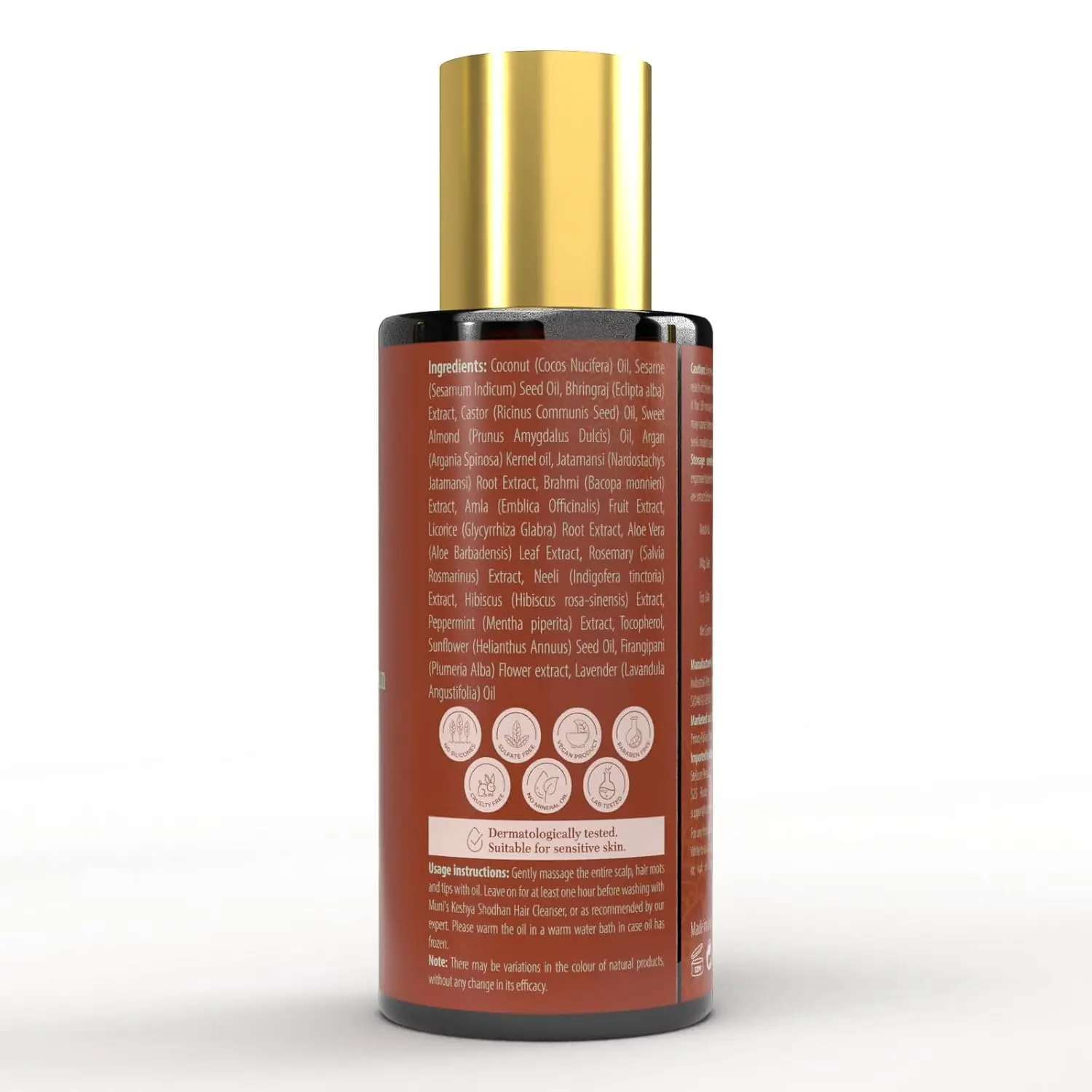 Ayurvedic hair growth oil infused with rosemary, castor, and bhringraj in a bottle, designed to promote hair density and prevent hair loss for both women and men.