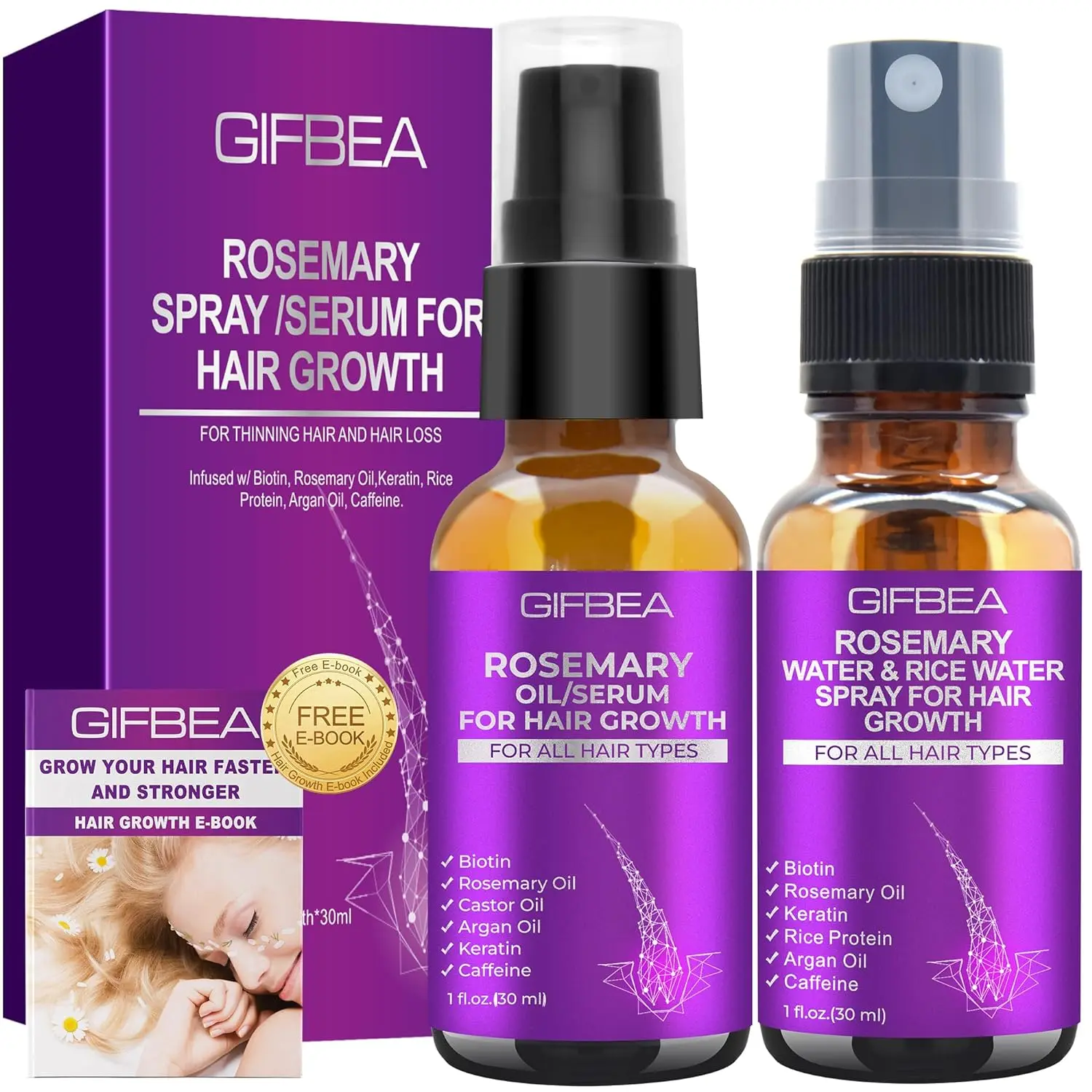 This hair growth set with rosemary oil and rice water spray, infused with biotin, castor oil, argan oil, caffeine, and keratin, is designed to reduce hair loss and restore dry, damaged hair, promoting regrowth for both women and men.