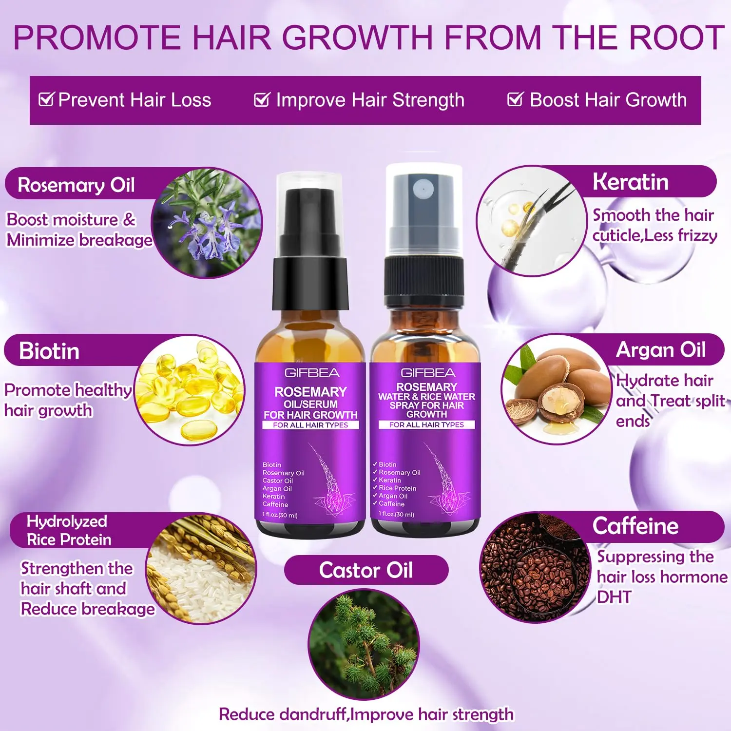 This hair growth set with rosemary oil and rice water spray, infused with biotin, castor oil, argan oil, caffeine, and keratin, is designed to reduce hair loss and restore dry, damaged hair, promoting regrowth for both women and men.