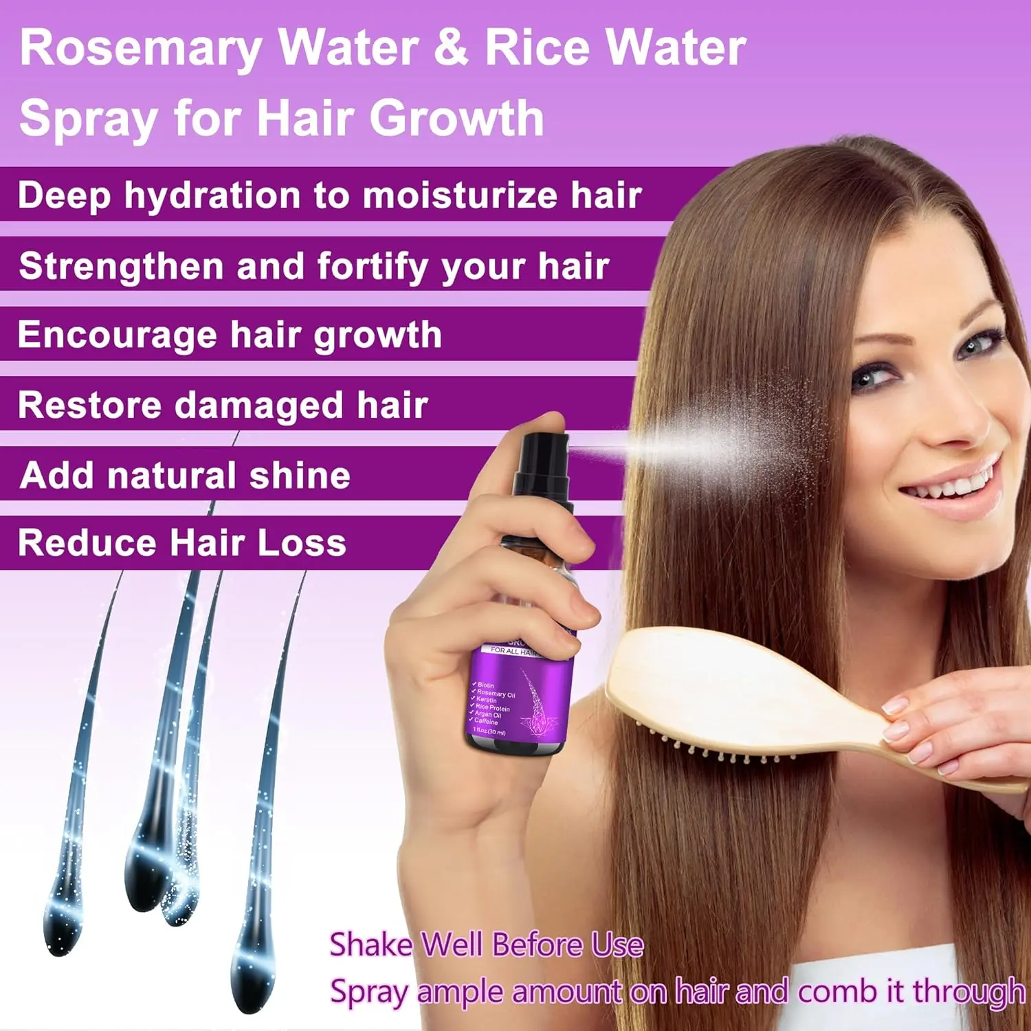 This hair growth set with rosemary oil and rice water spray, infused with biotin, castor oil, argan oil, caffeine, and keratin, is designed to reduce hair loss and restore dry, damaged hair, promoting regrowth for both women and men.