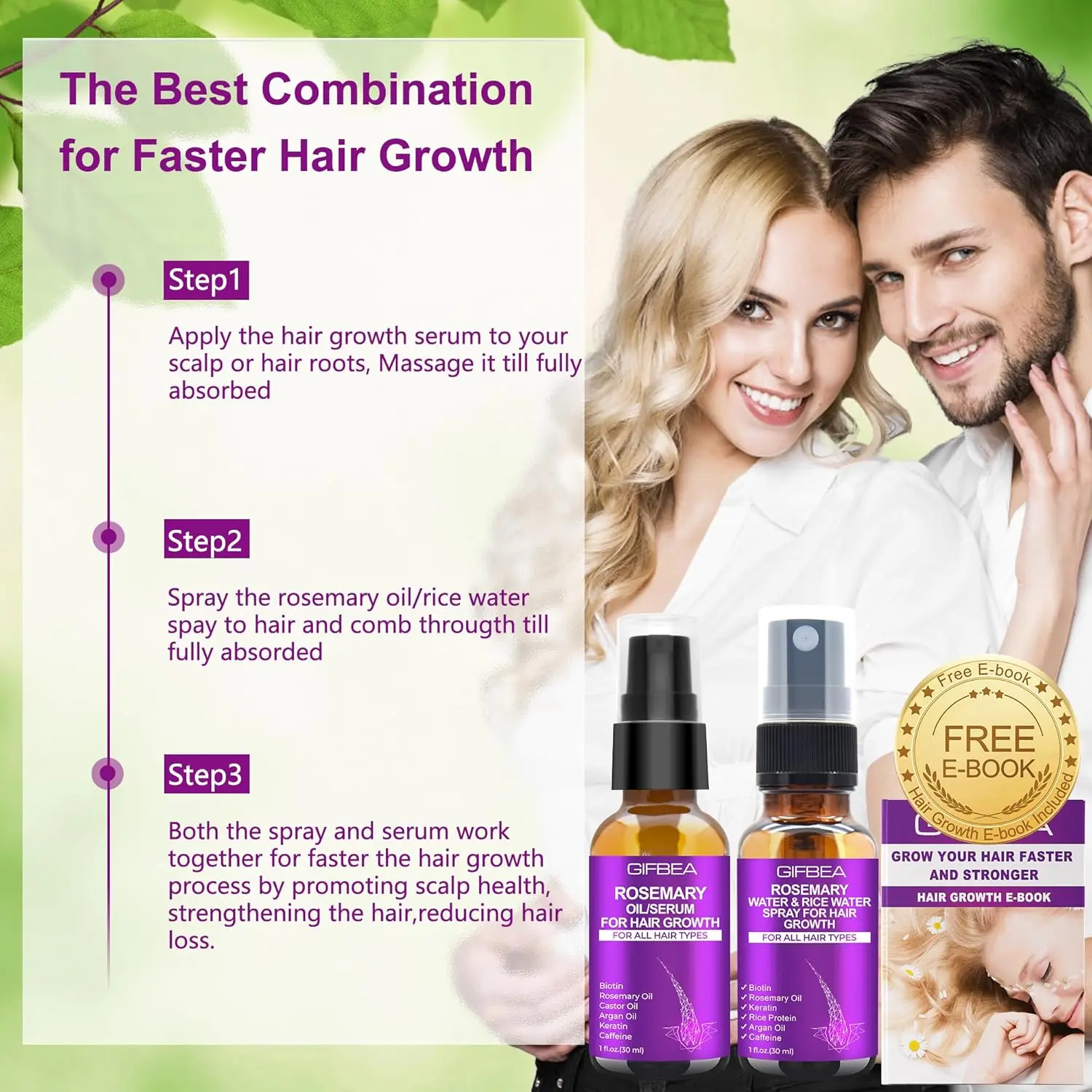 This hair growth set with rosemary oil and rice water spray, infused with biotin, castor oil, argan oil, caffeine, and keratin, is designed to reduce hair loss and restore dry, damaged hair, promoting regrowth for both women and men.