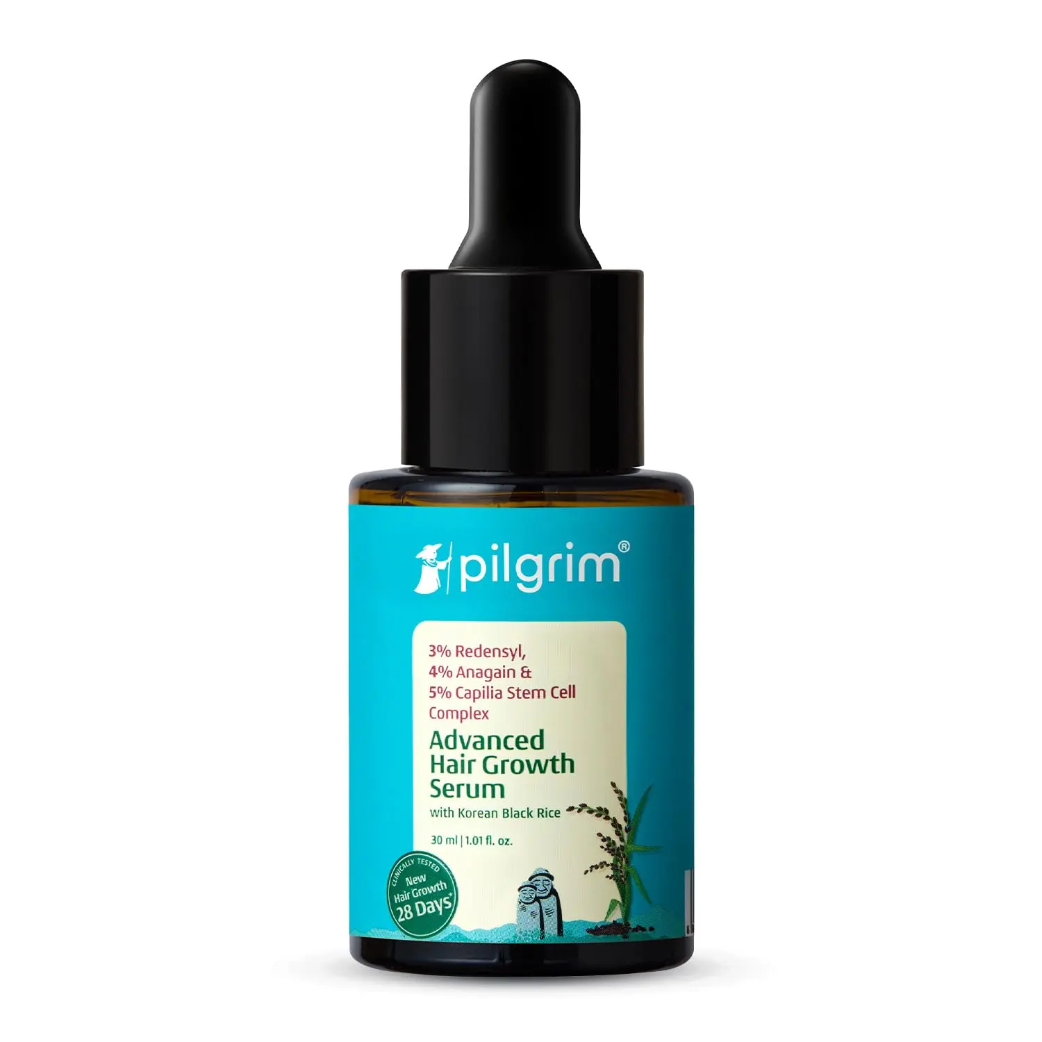 Pilgrim Redensyl hair growth serum with Anagain and Baicapil promotes thicker, denser, and stronger hair for all hair types, addressing thinning and stimulating regrowth.