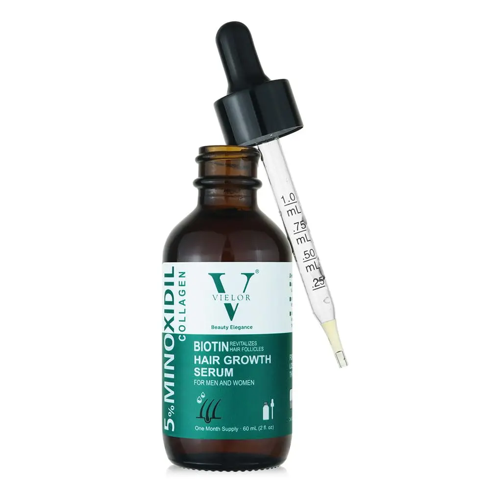 Advanced hair growth serum with 5% minoxidil, biotin, and collagen to help thicken hair, support scalp health, and reduce hair loss for both men and women.
