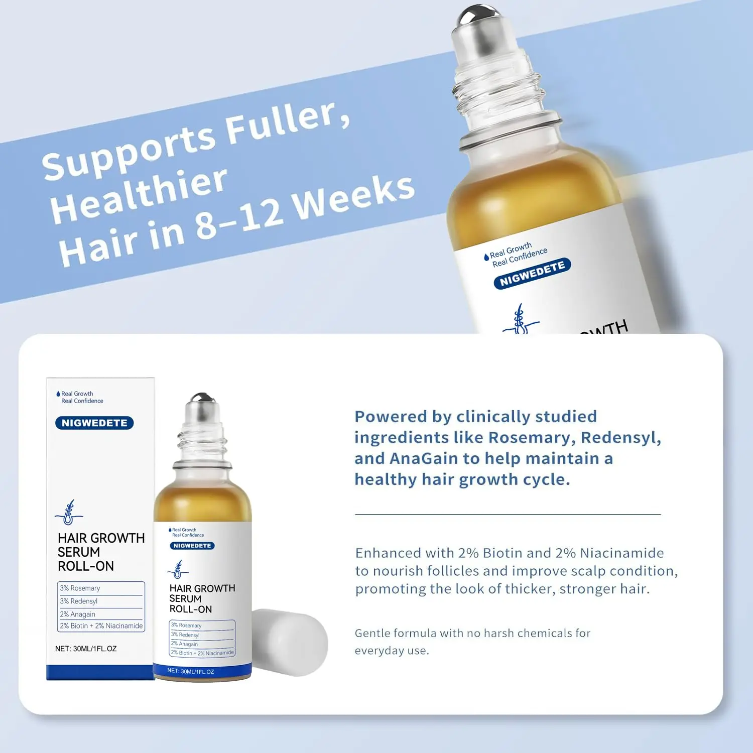 This hair growth serum roll on with redensyl and rosemary oil stimulates hair follicles to reduce thinning and promote thicker, healthier hair for both men and women.