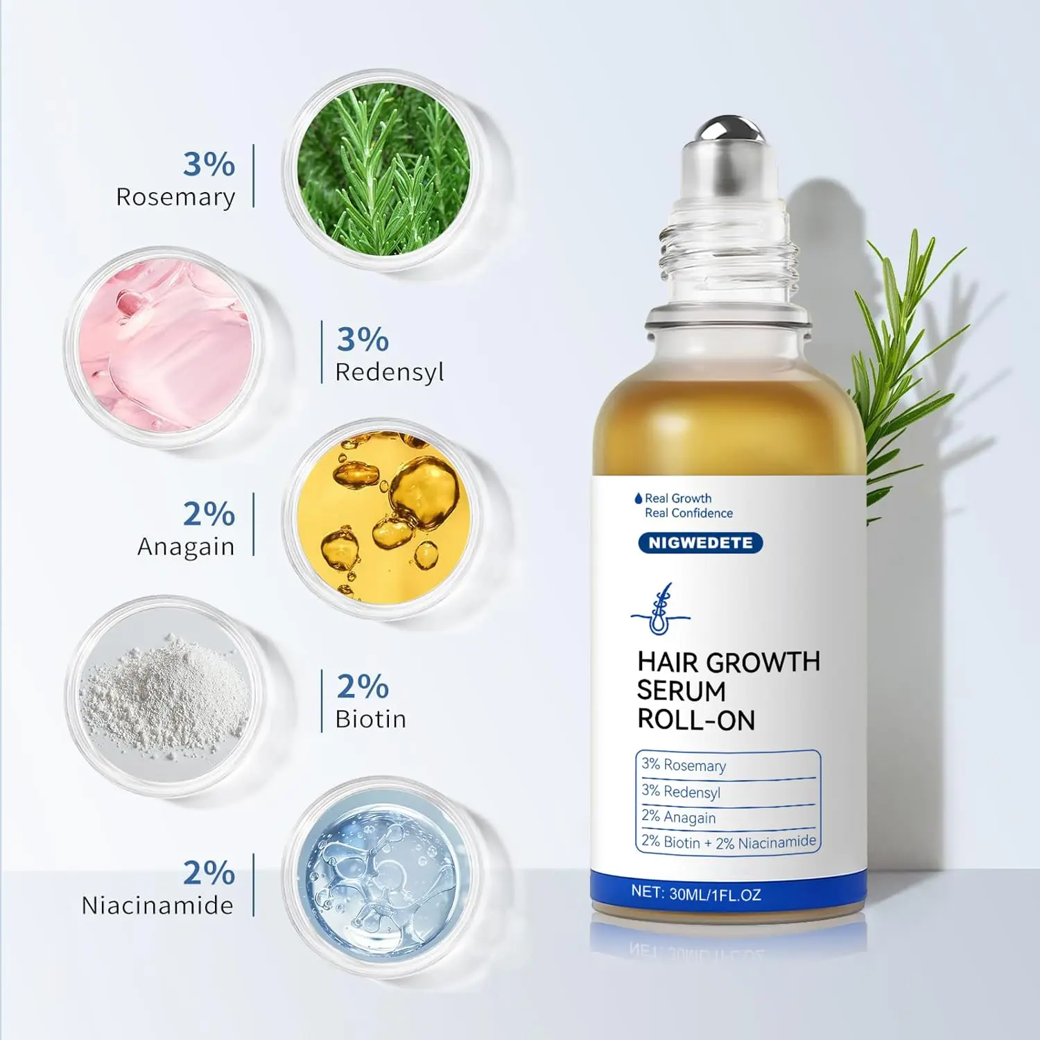 This hair growth serum roll on with redensyl and rosemary oil stimulates hair follicles to reduce thinning and promote thicker, healthier hair for both men and women.