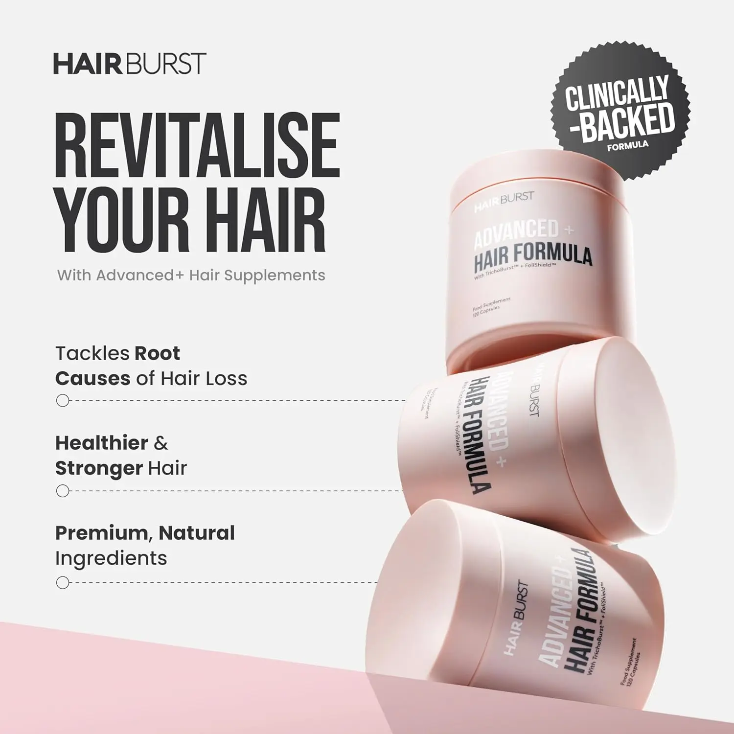 Advanced hair loss supplement for women, formulated with natural ingredients and vitamins to combat stress, inflammation, and nutritional deficiencies that contribute to thinning hair, promoting stronger and healthier hair growth from within.