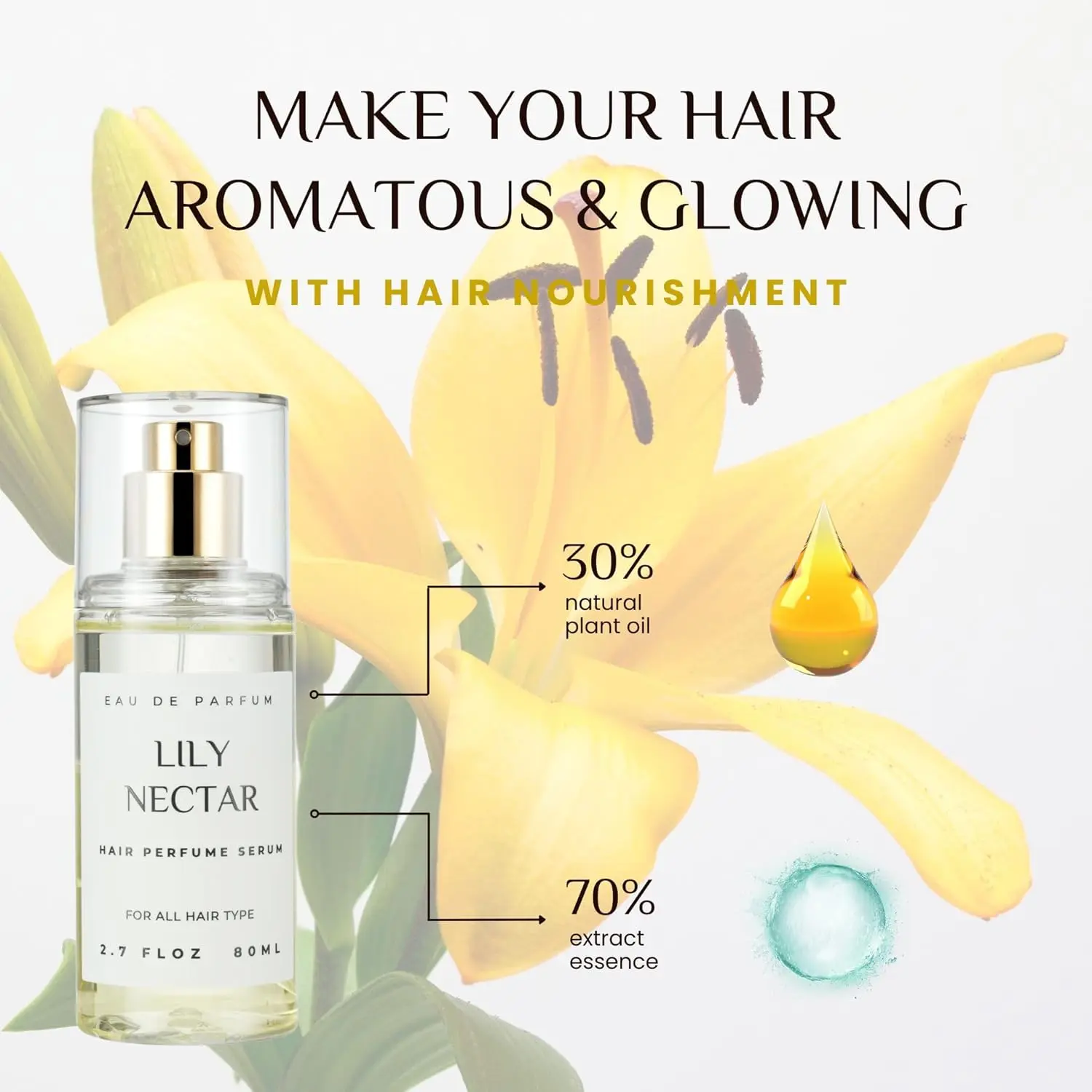benatu lily nectar hair perfume mist infused with argan oil and keratin leaves hair hydrated, fragrant, and refreshed without weighing it down.
