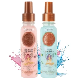 Duo of hair perfume and heat protectant sprays with floral and fruity scents that detangle, control frizz, and provide sun protection for healthy, manageable hair.