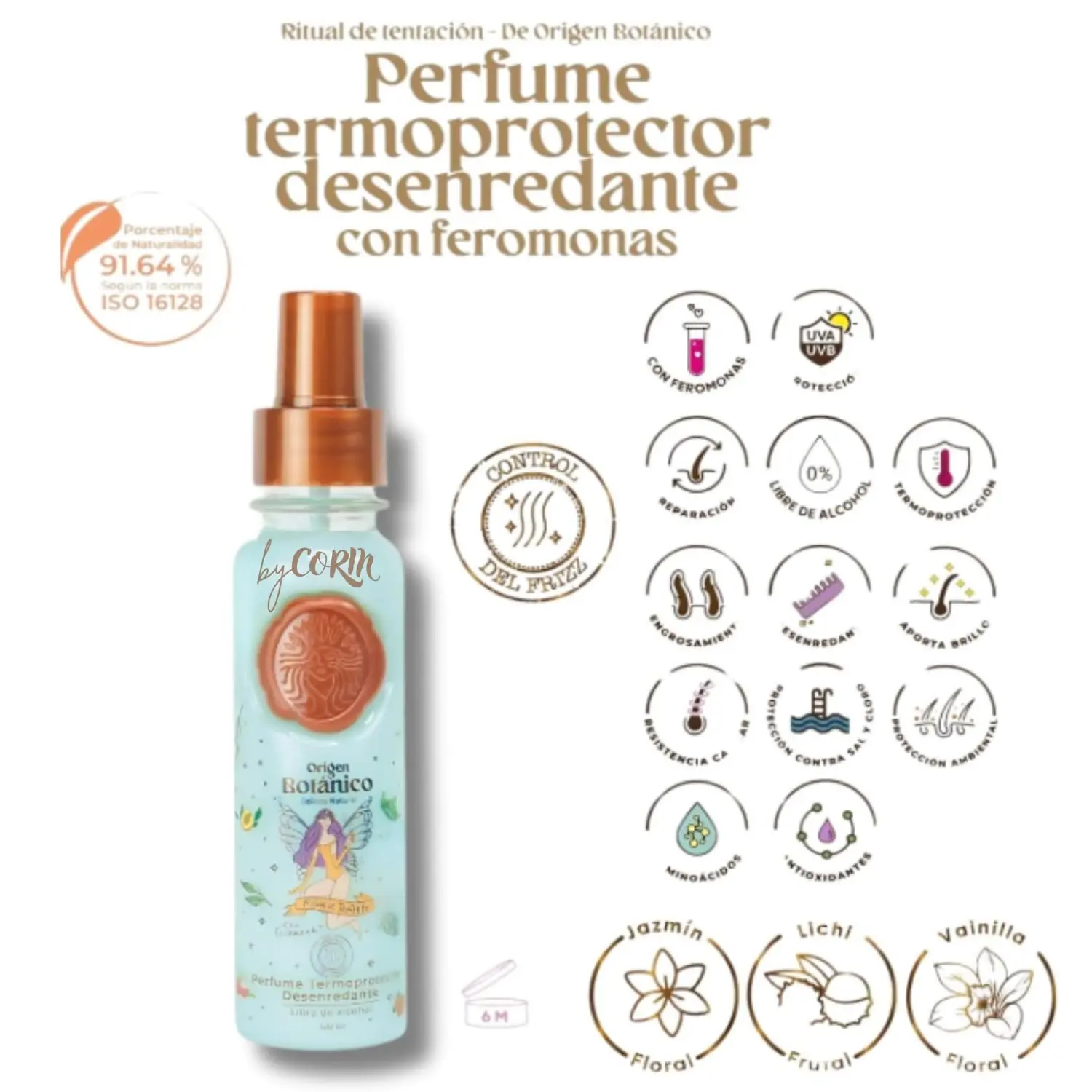 Duo of hair perfume and heat protectant sprays with floral and fruity scents that detangle, control frizz, and provide sun protection for healthy, manageable hair.